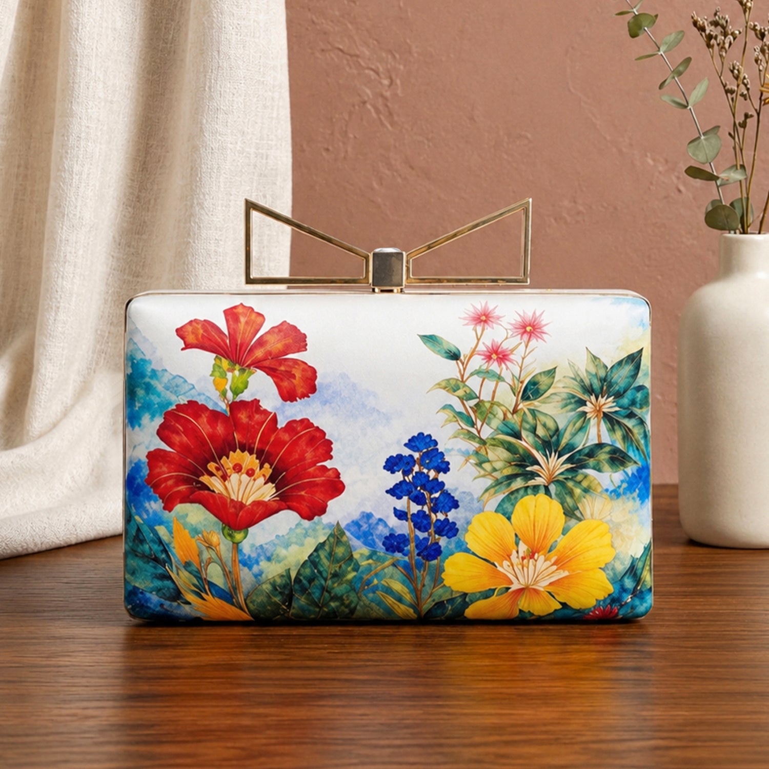 Artklim Printed Multicolor Botanical Floral Designer Clutch with Hand Embroidery