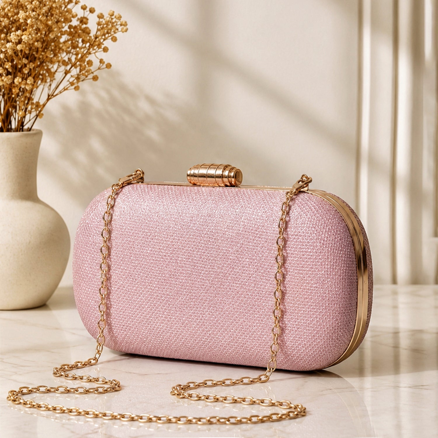 Artklim Baby Pink Textured Pearl Handle Embroidery Clutch