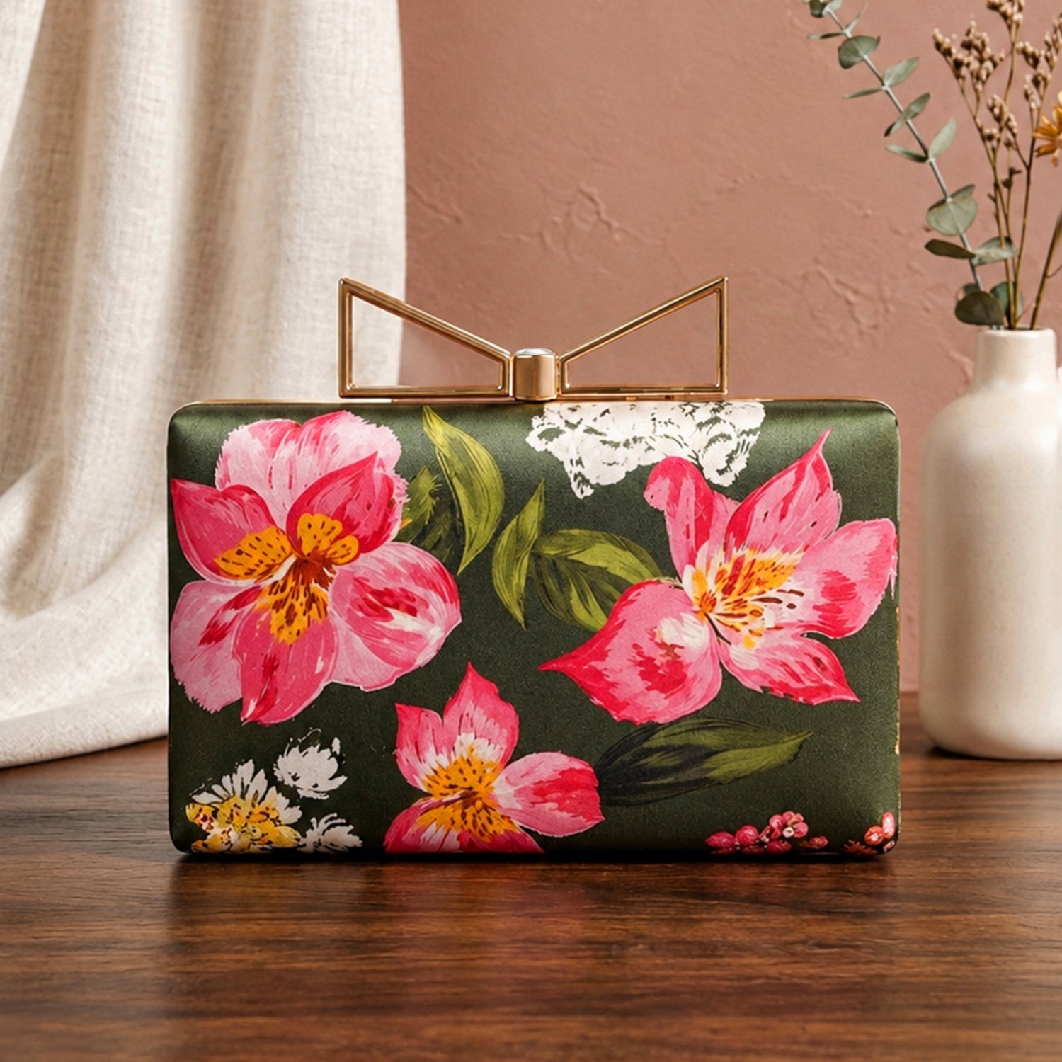 Artklim Printed Olive Green Pink Floral Designer Clutch with Hand Embroidery