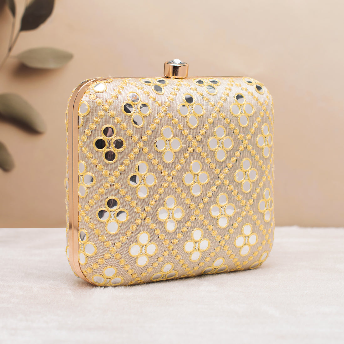 Artklim White with red–gold Bloom Embroidered Clutch