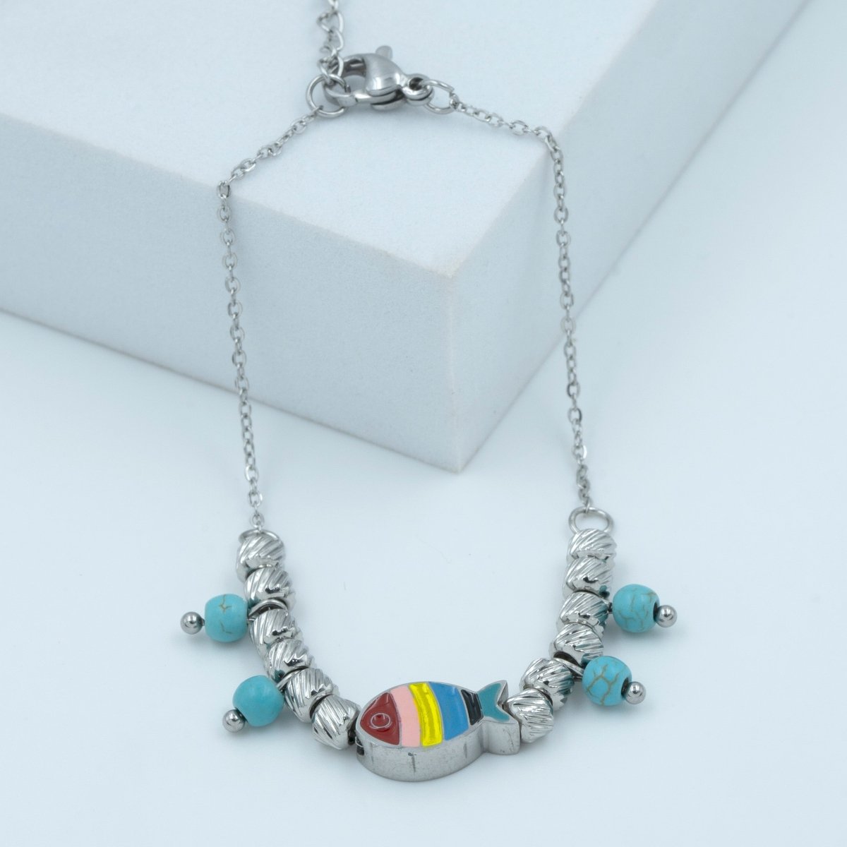 Artklim Silver Plated Multicolored Fish And Blue Beads Bracelet