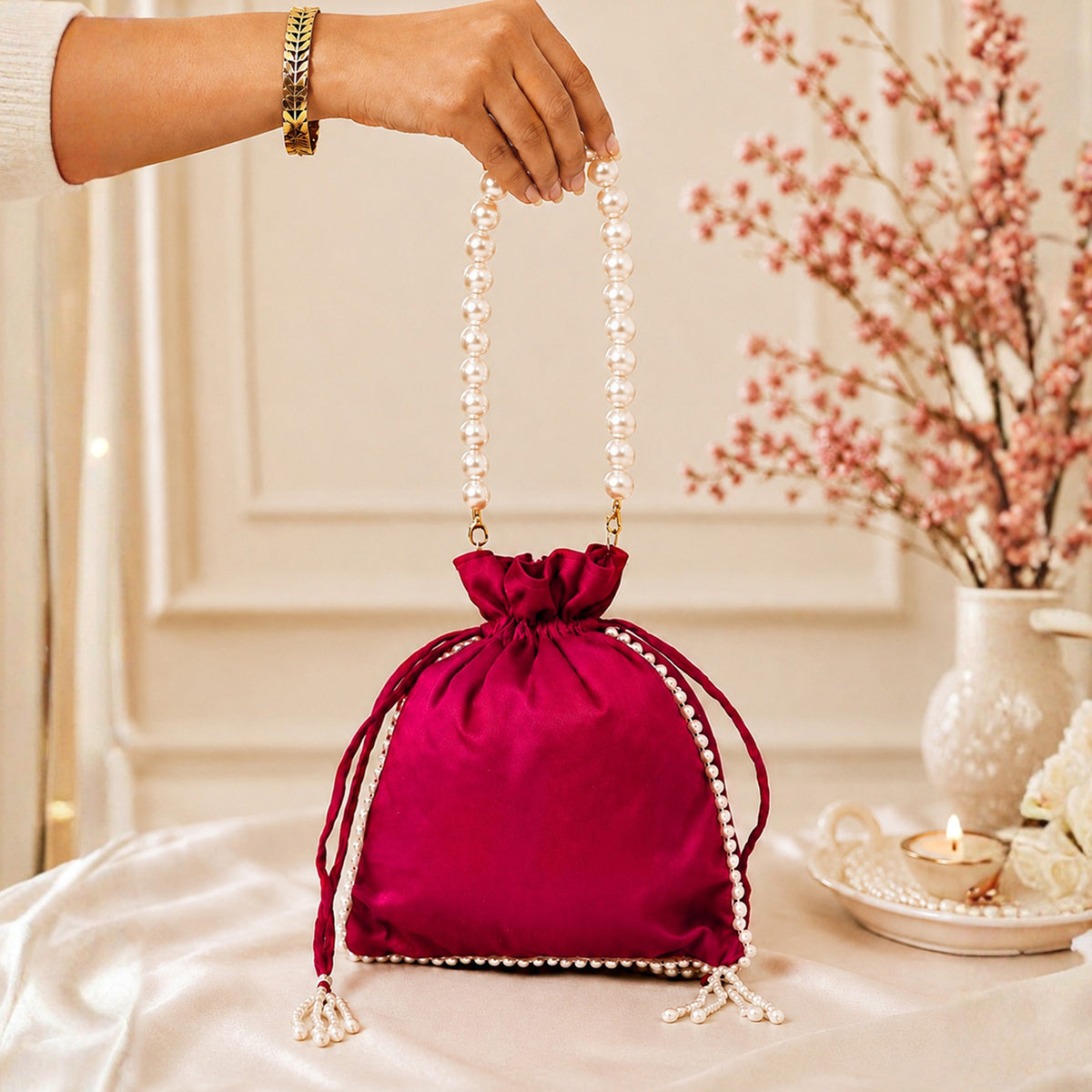 Artklim Pink & White Ethnic Drawstring Potli Clutch