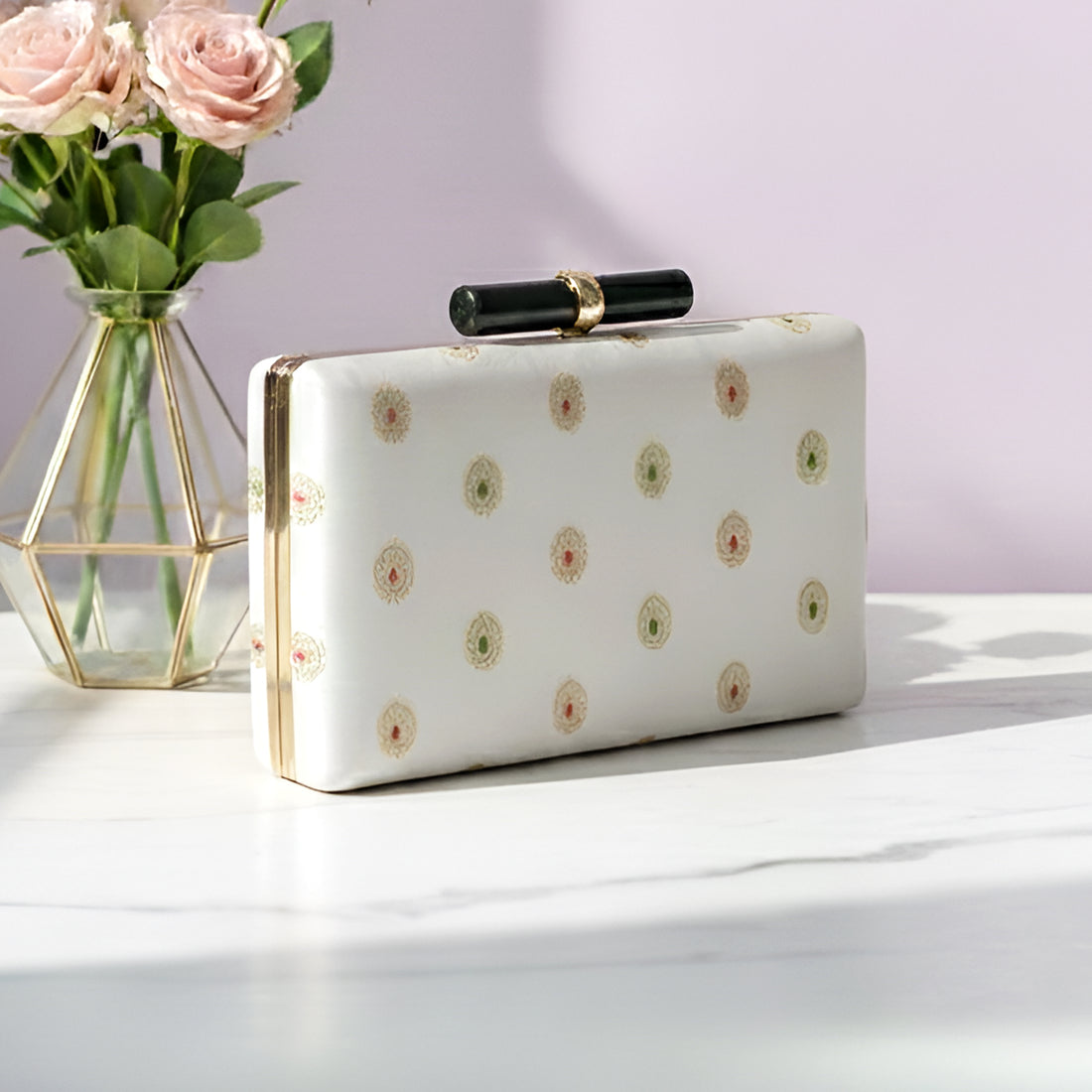 Artklim Elegant Ivory Ethnic Embroidered Clutch