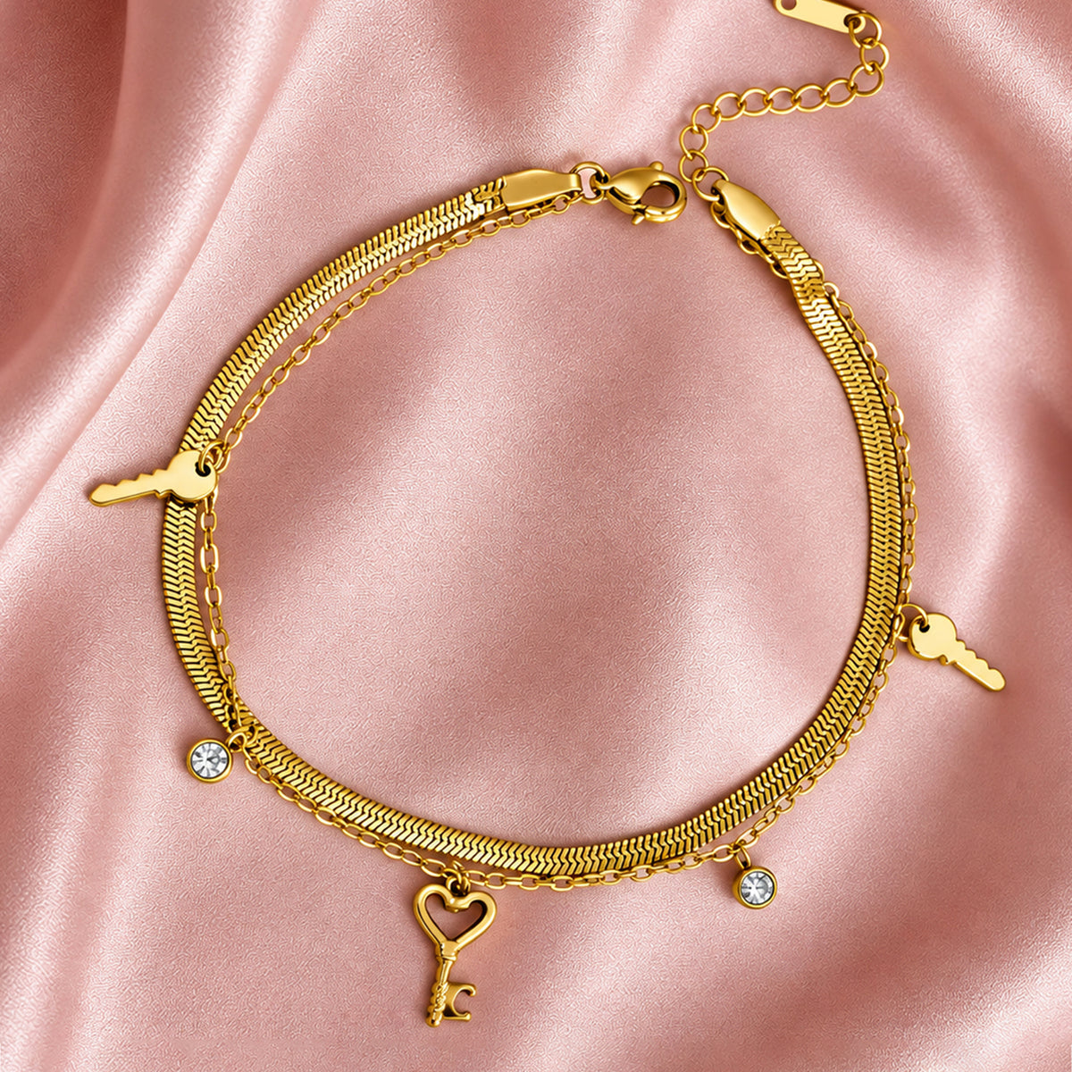 Artklim Double Layer Key Charm Crystal Anti-Tarnish Anklet