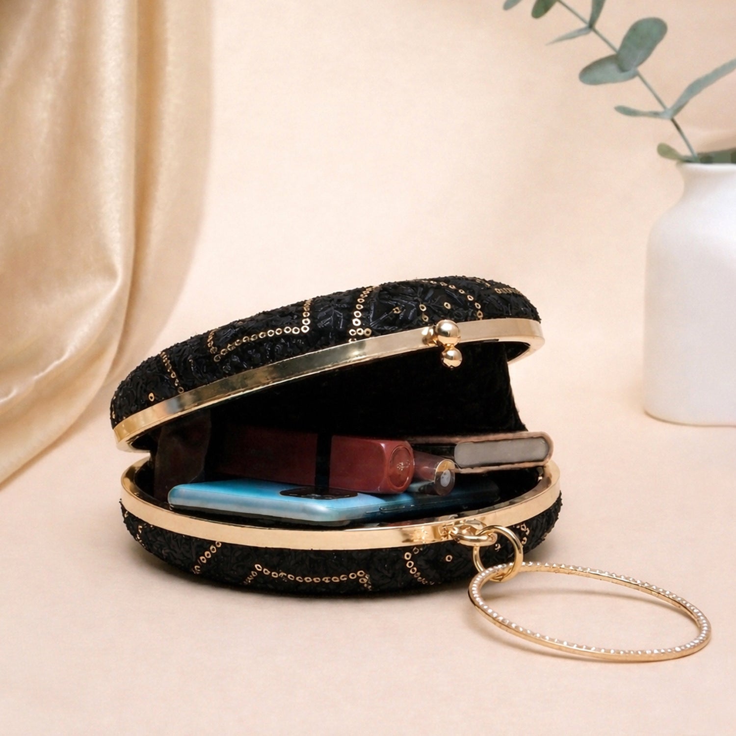 Artklim Black Embroidery Round Party Clutch