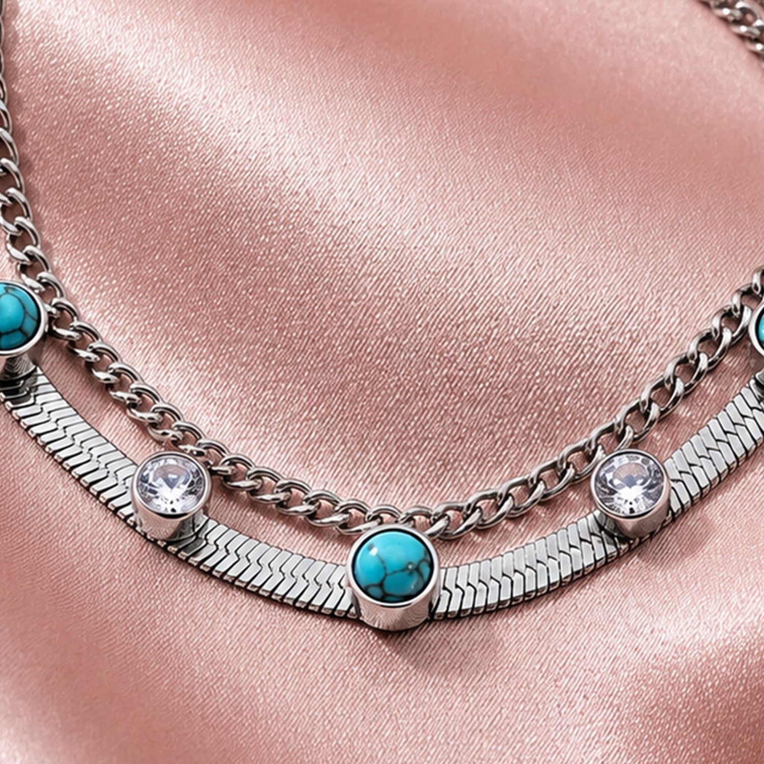 Artklim Turquoise Stone Double Silver Chain Anti-Tarnish Anklet