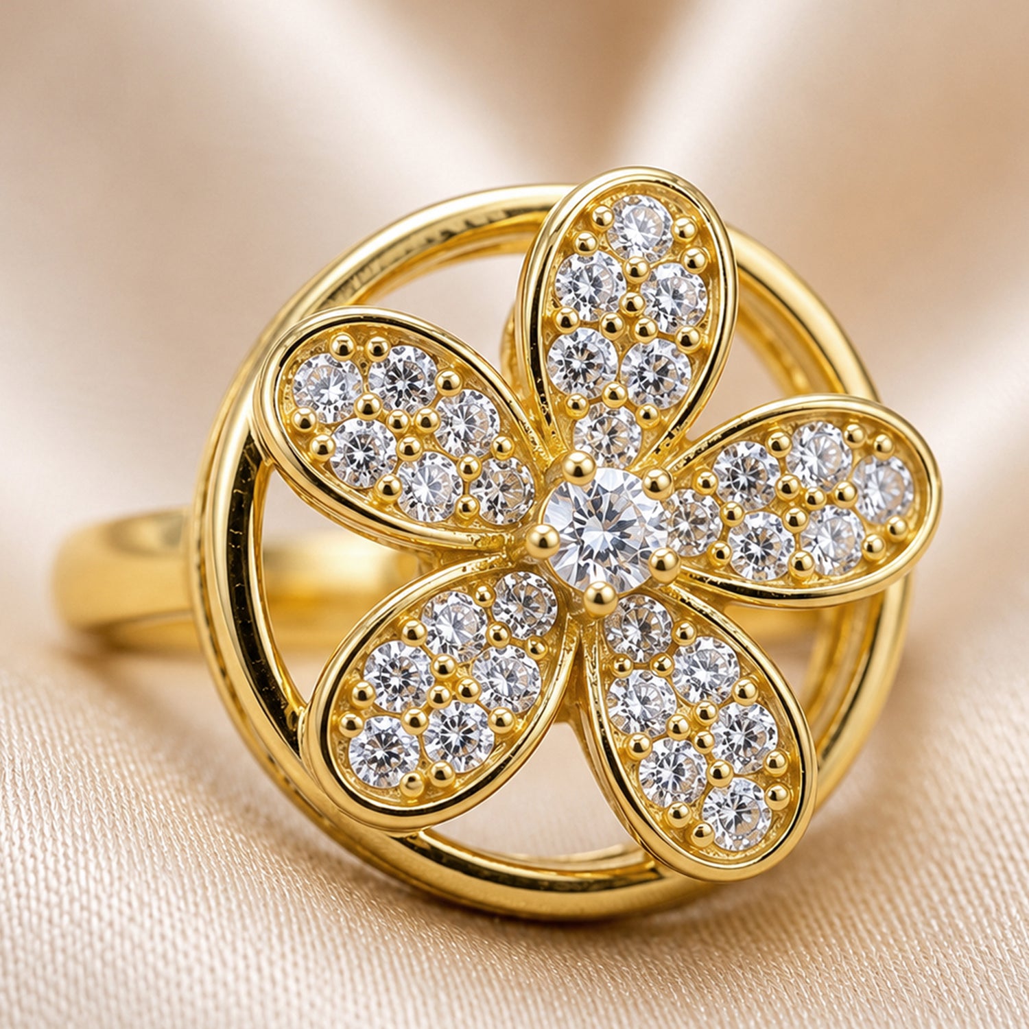 Artklim Golden Petal Revolving Flower Crystal Adjustable Anti-Tarnish Copper Ring