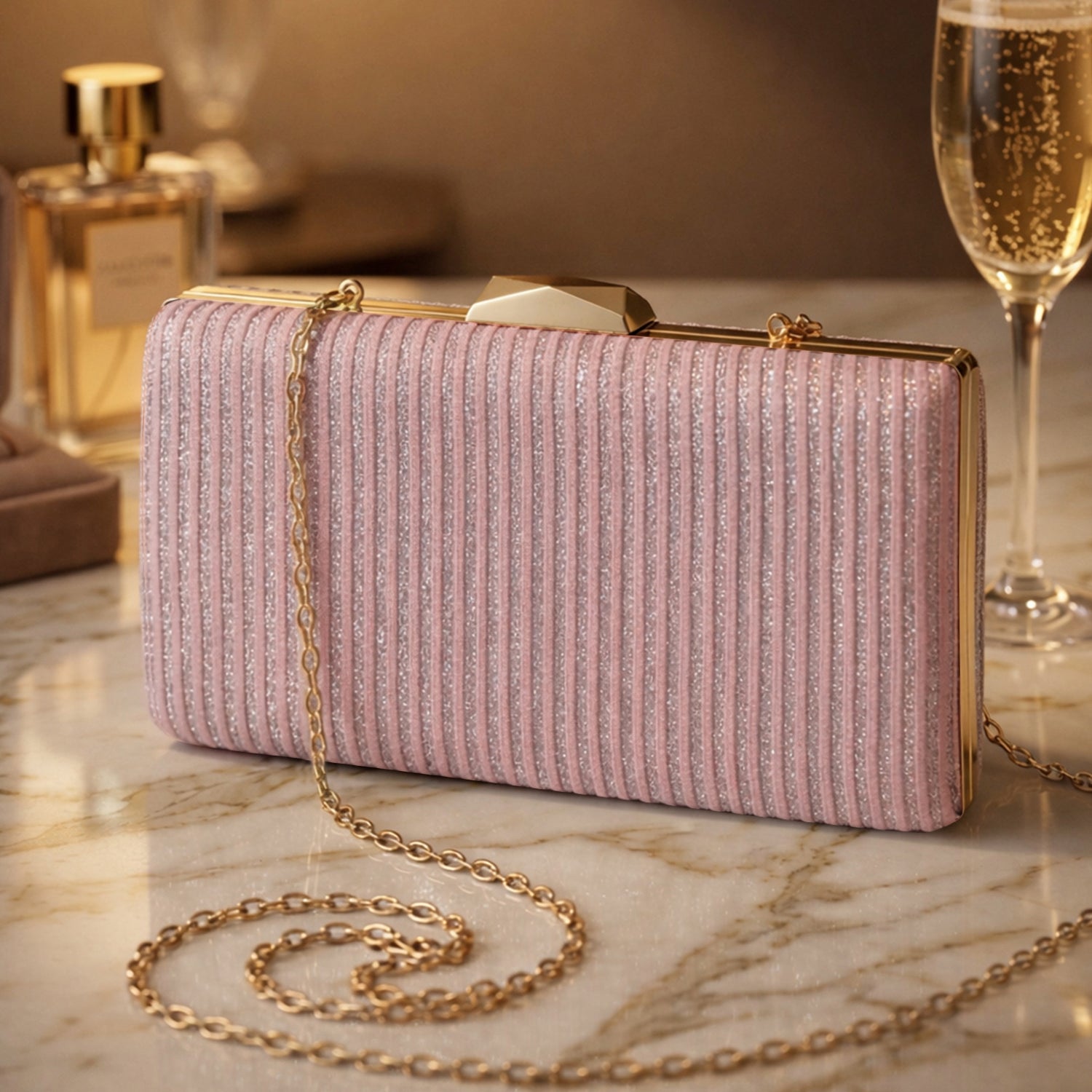 Artklim Elegant Blush Pink Shimmer Striped Clutch