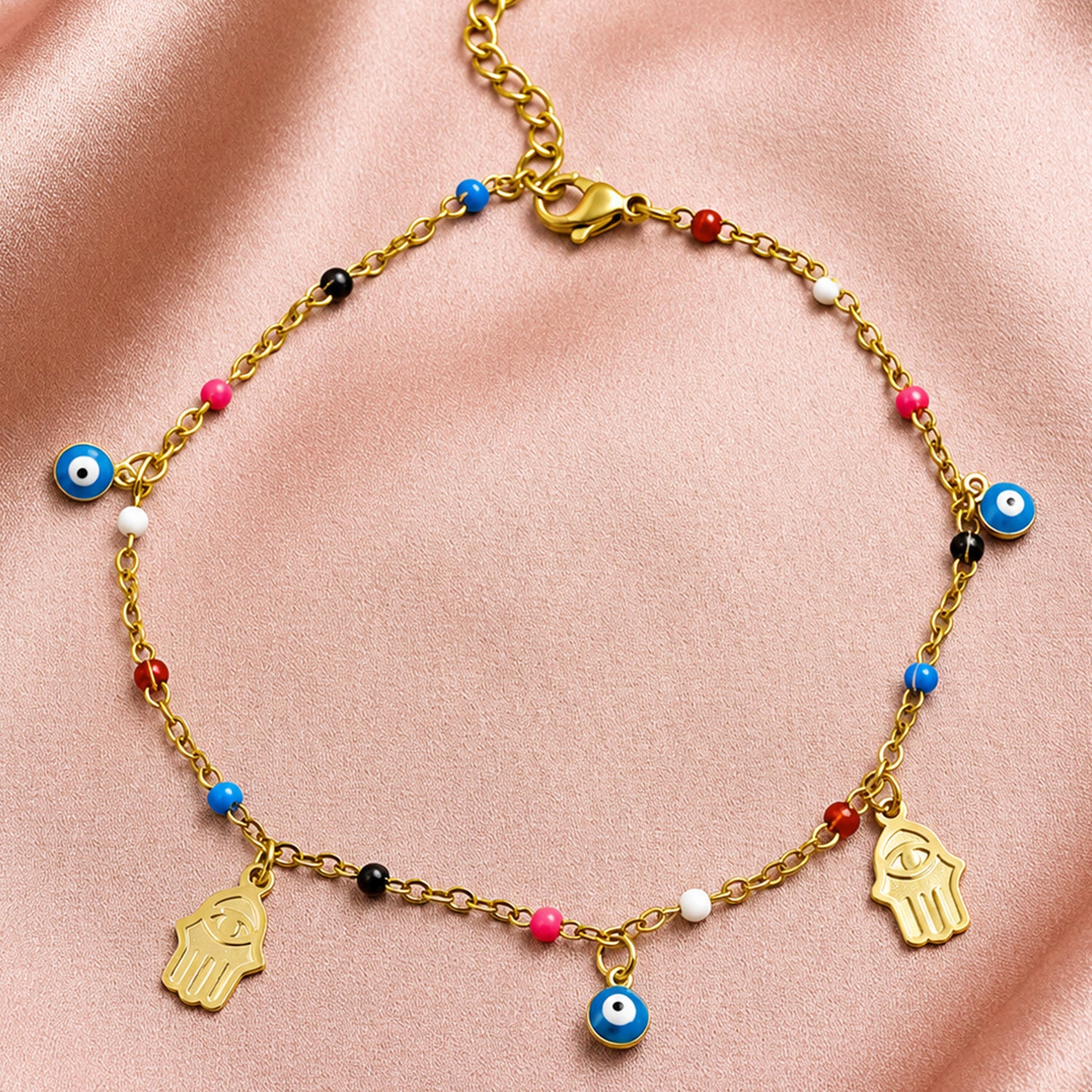 Artklim Evil Eye & Hamsa Protection Charm Anti-Tarnish Anklet