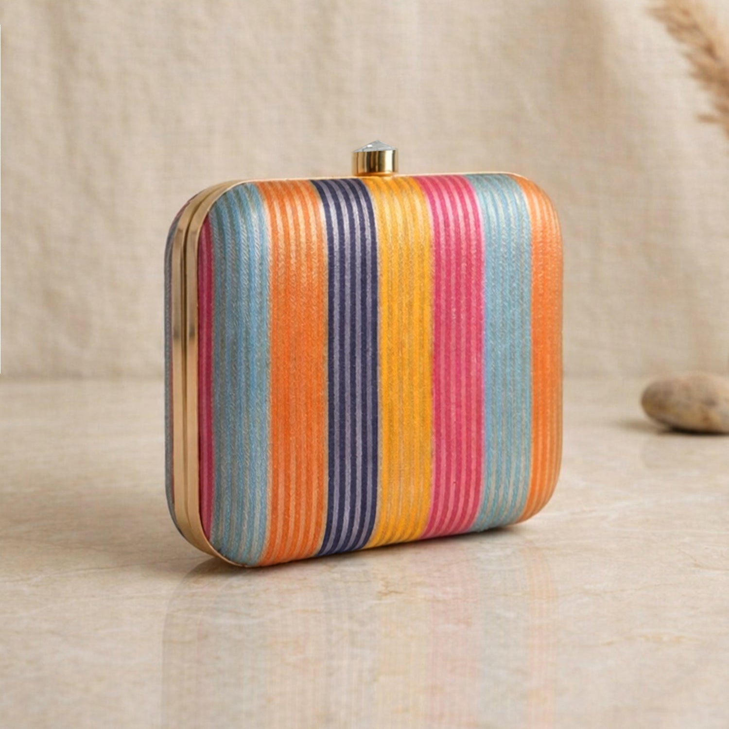 Artklim Elegant Multicolor Striped  Embroidered Clutch