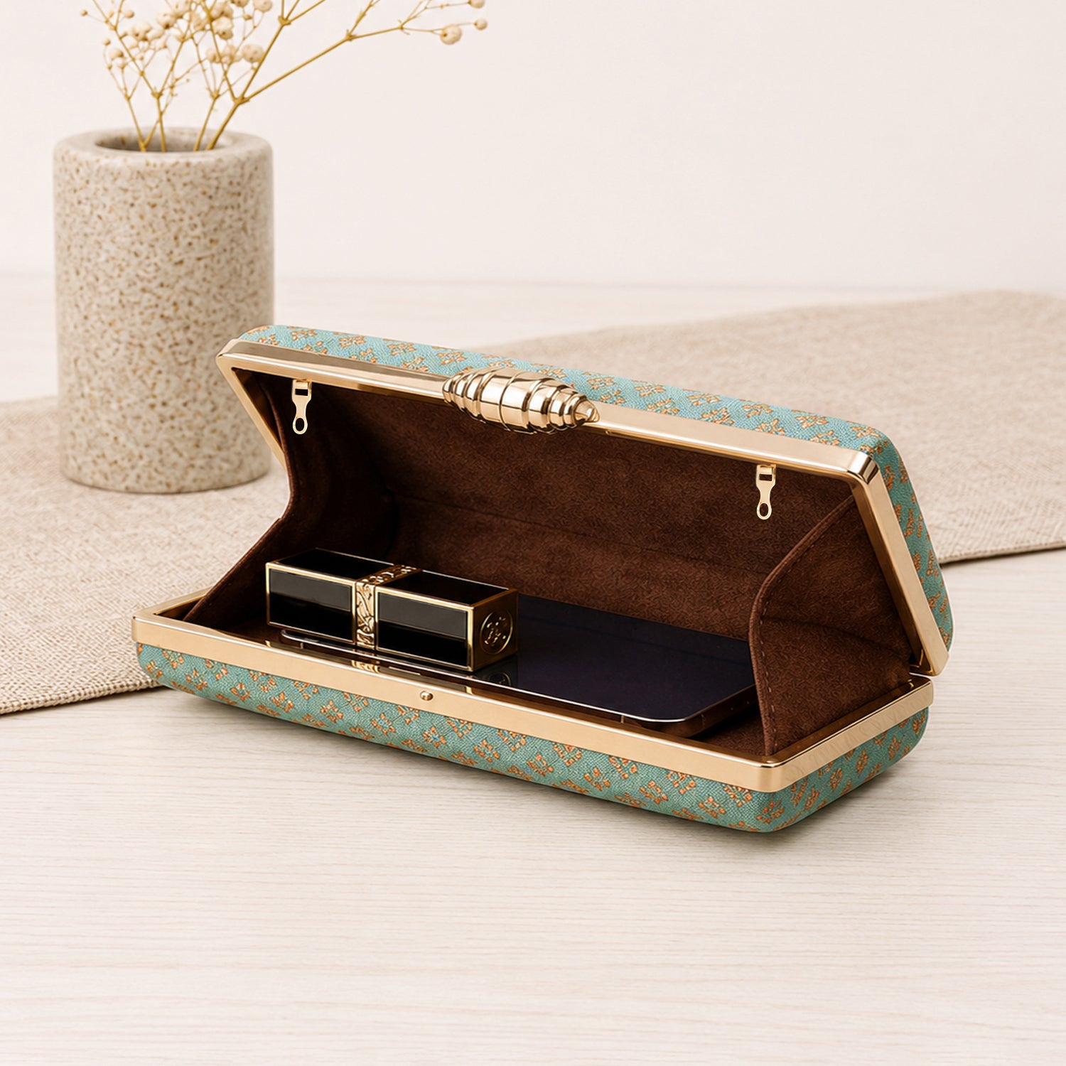 Marine Green Brocade Rectangle Fabric Clutch
