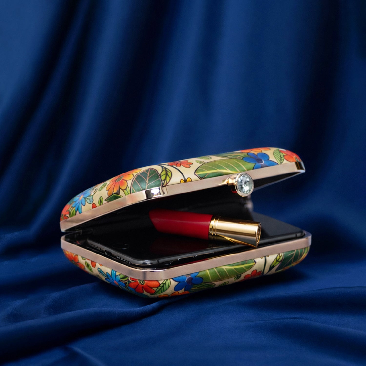 Beige Flower And Bird Printed Clutch