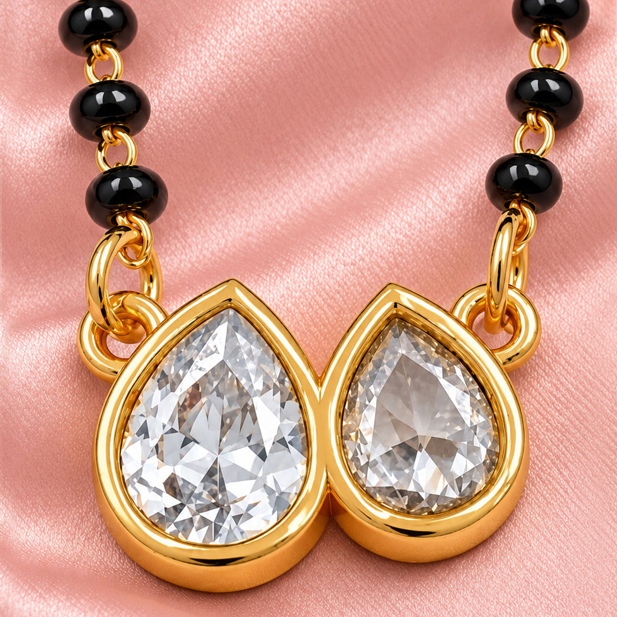 Artklim Elegant Dual Teardrop Crystal Gold-Plated Black Beads Mangalsutra