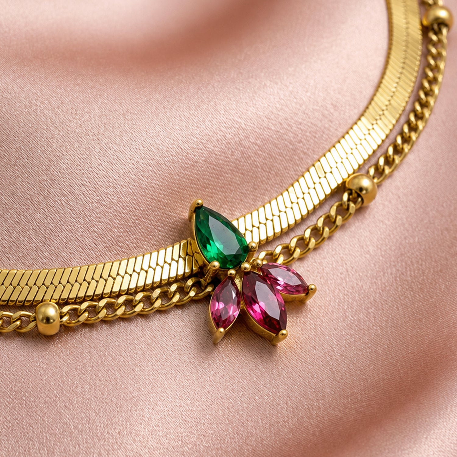 Artklim Gold Floral Crystal Charm Anti-Tarnish Anklet