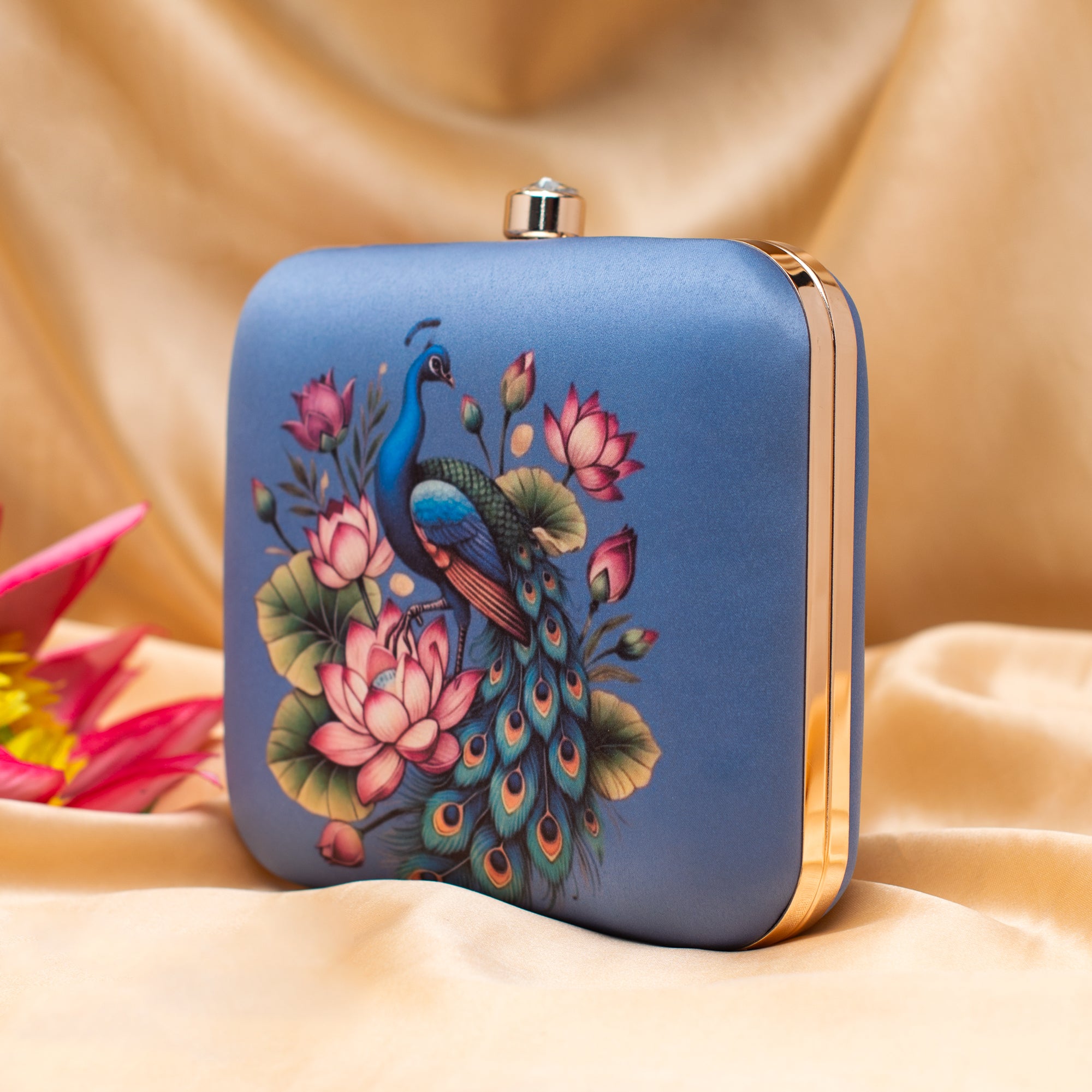 Artklim Blue Peacock Printed Clutch