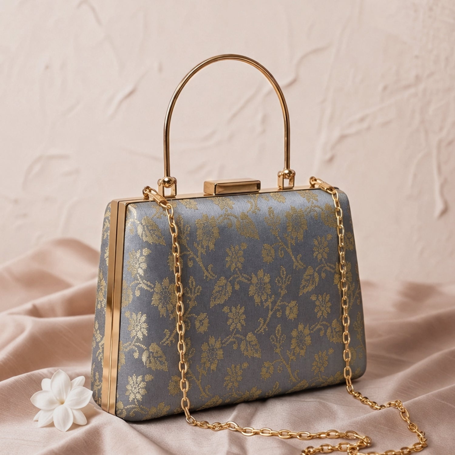 Artklim Soft Grey & Gold Floral Classic Embroidery clutch