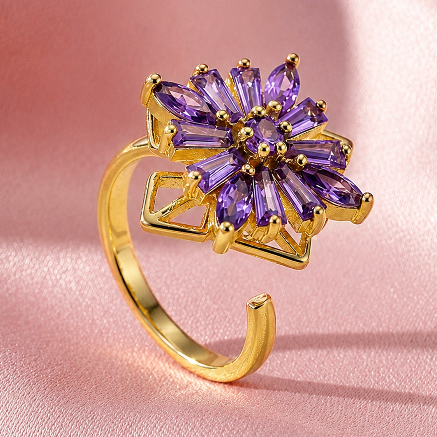 Artklim Lavender Bloom Revolving Flower Crystal Adjustable Anti-Tarnish Copper Ring