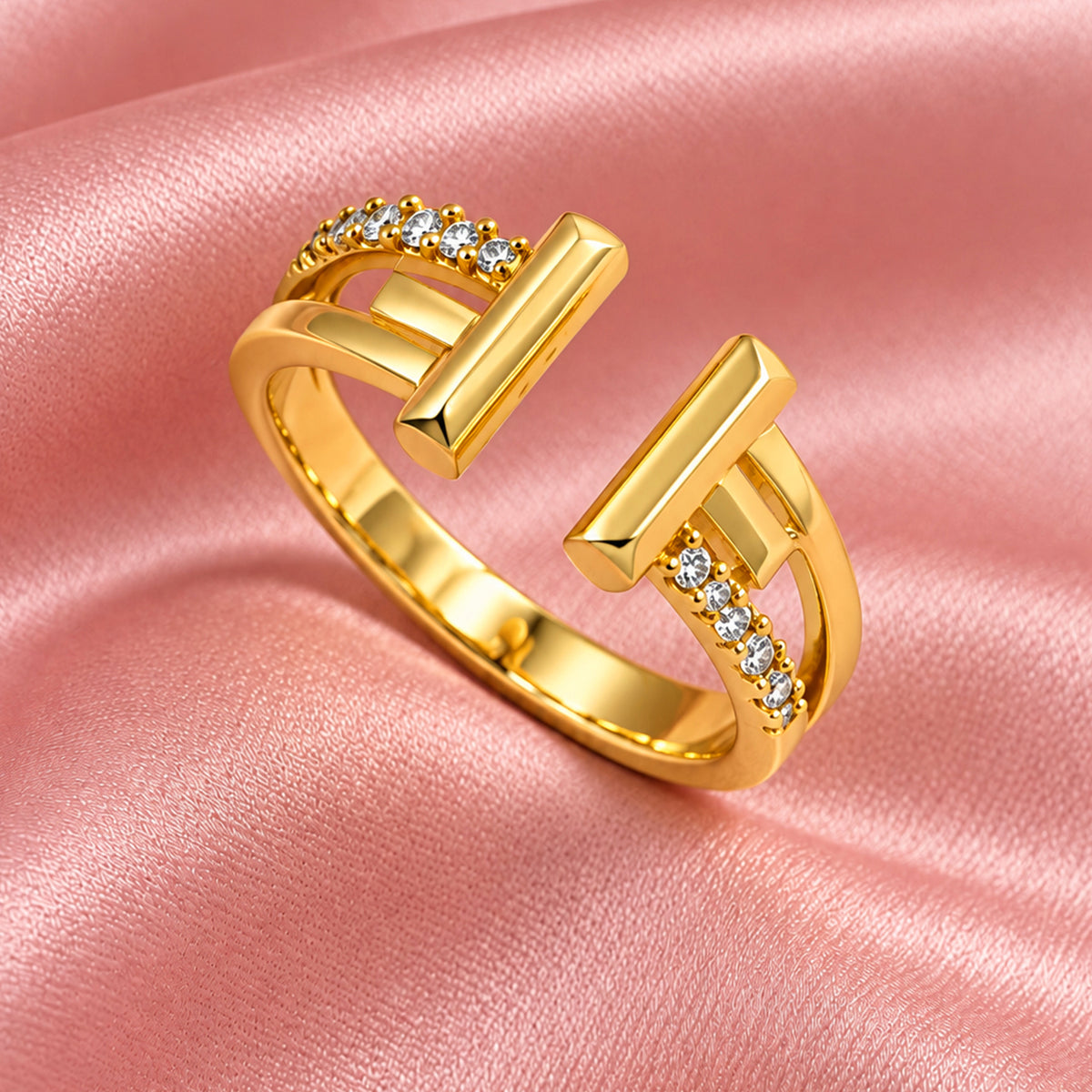 Artklim Minimalist T-Bar Crystal Gold-Tone Statement Anti-Tarnish Ring