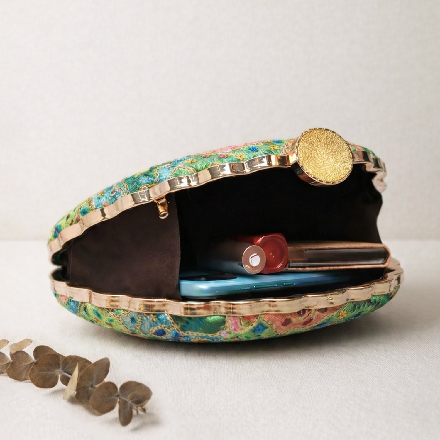 Green Multipattern Embroidery Moon Shaped Clutch