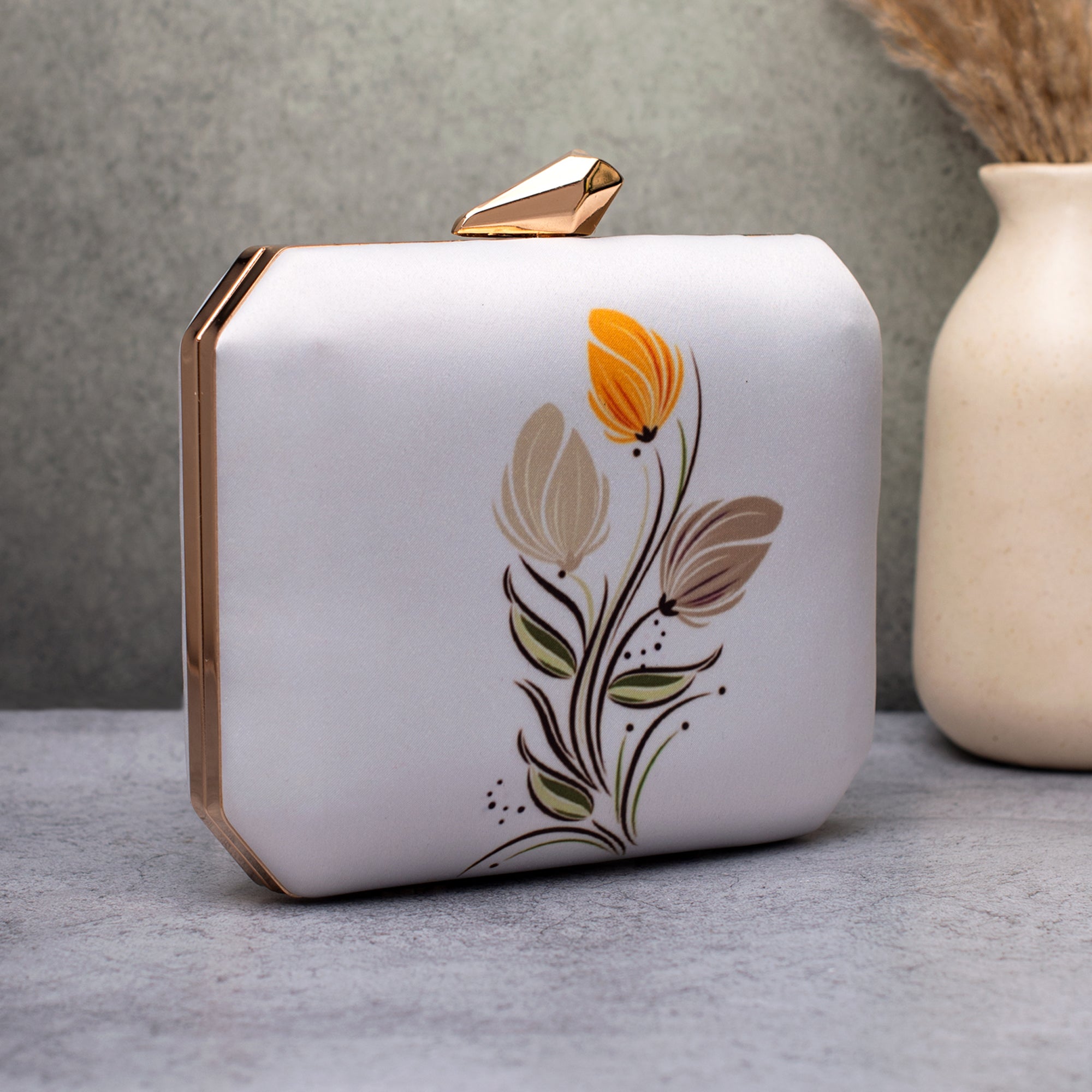 Artklim Minimal Floral White Printed Clutch