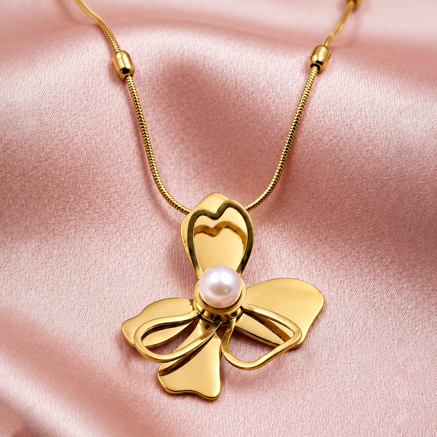 Artklim Pearl Bow Heart Charm Anti-Tarnish Pendant Necklace
