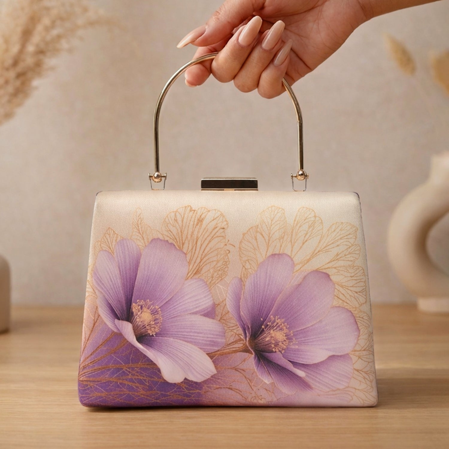 Artklim Printed Blush Pink Floral Beaded Clutch with Hand Embroidery