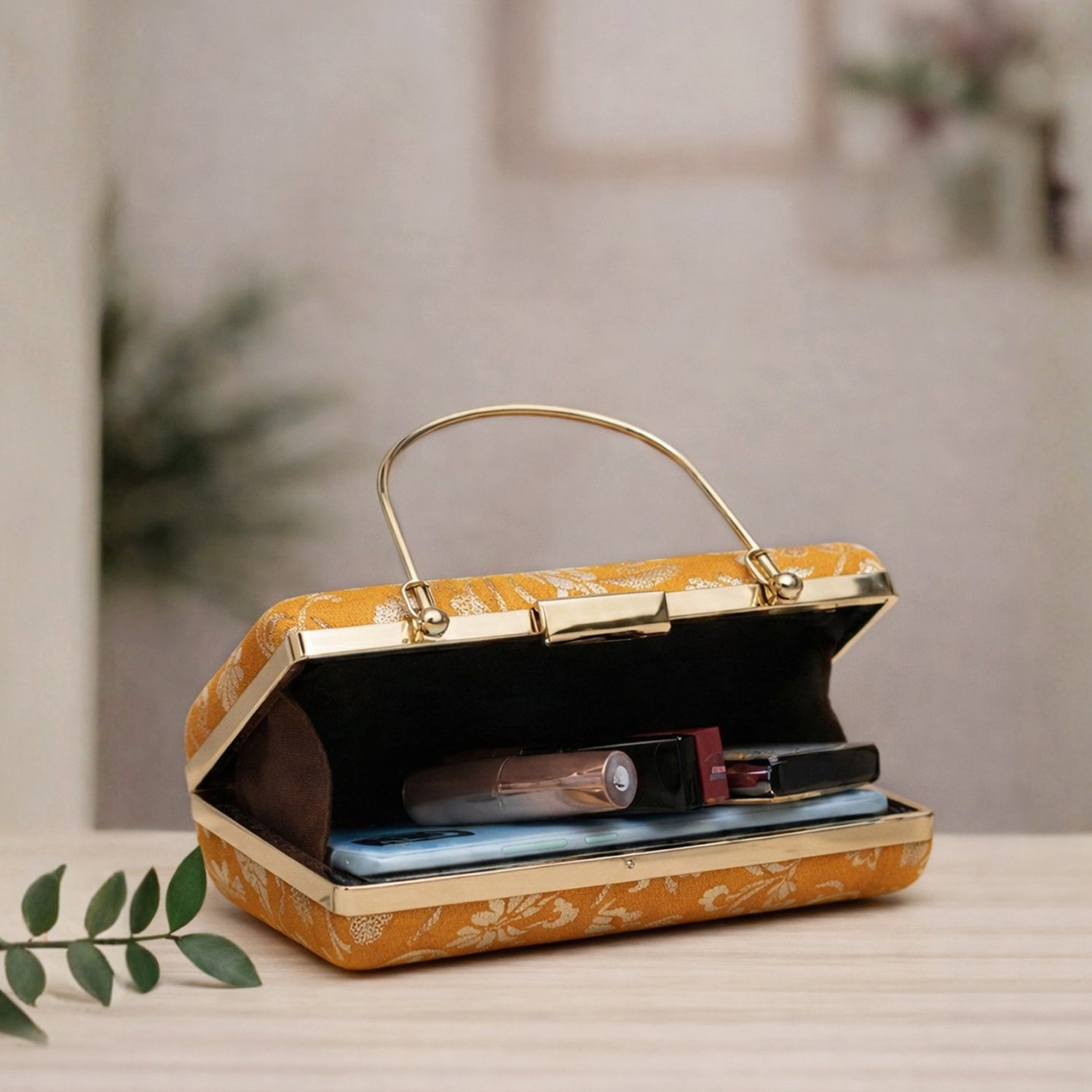 Artklim Yellow Based Silver Floral Pattern Printed Brocade Fabric Clutch