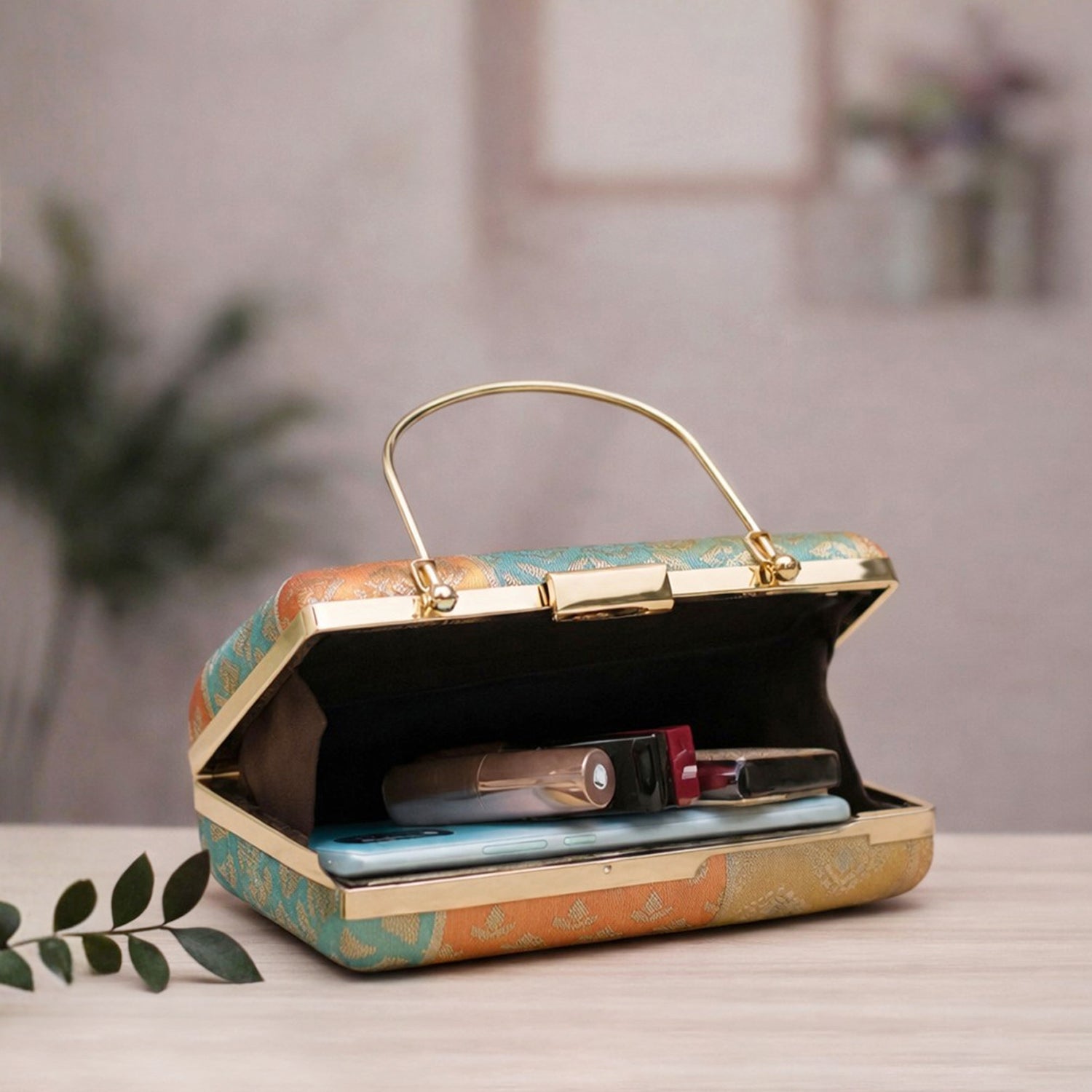 Multipattern Yellow Brocade Party Clutch