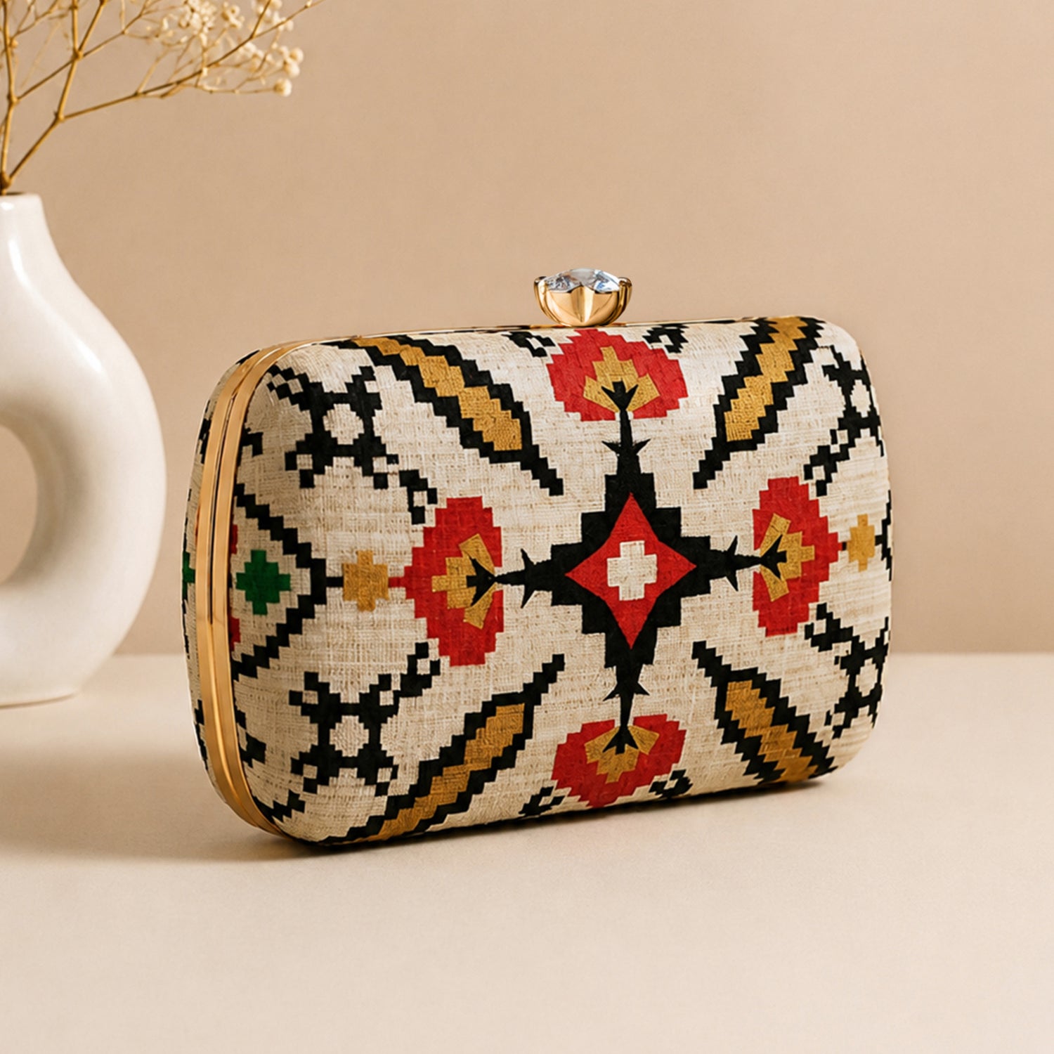 Artklim Ivory Red Ethnic Geometric Floral Pattern Printed Clutch