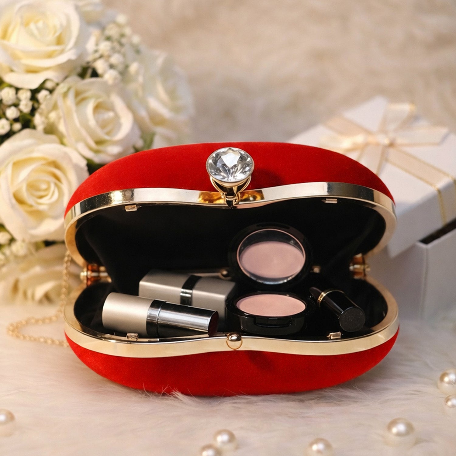 Red Velvet Fabric Heart Shape Clutch