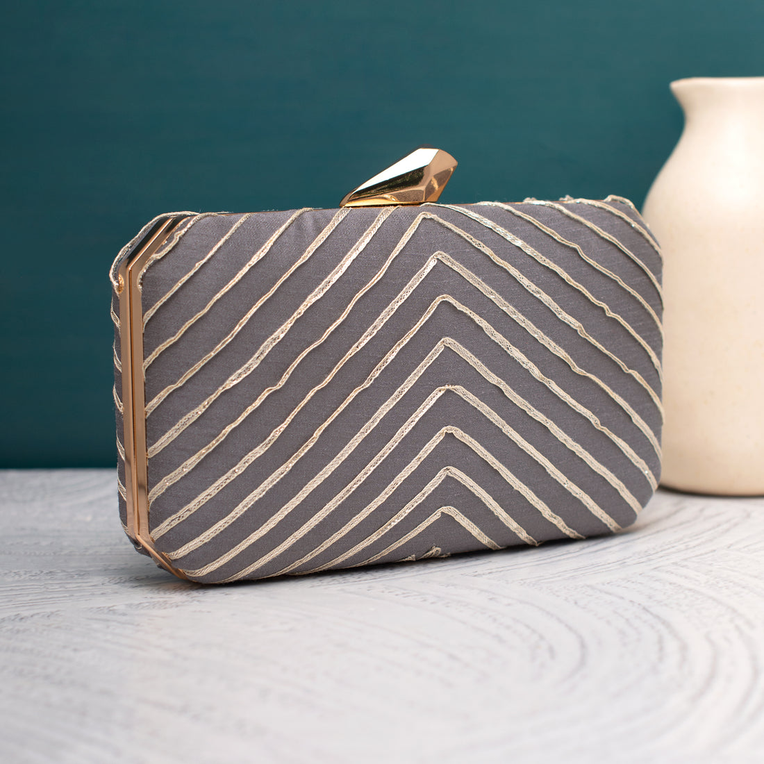 Artklim Gota Patti Grey Chevron Glam Clutch
