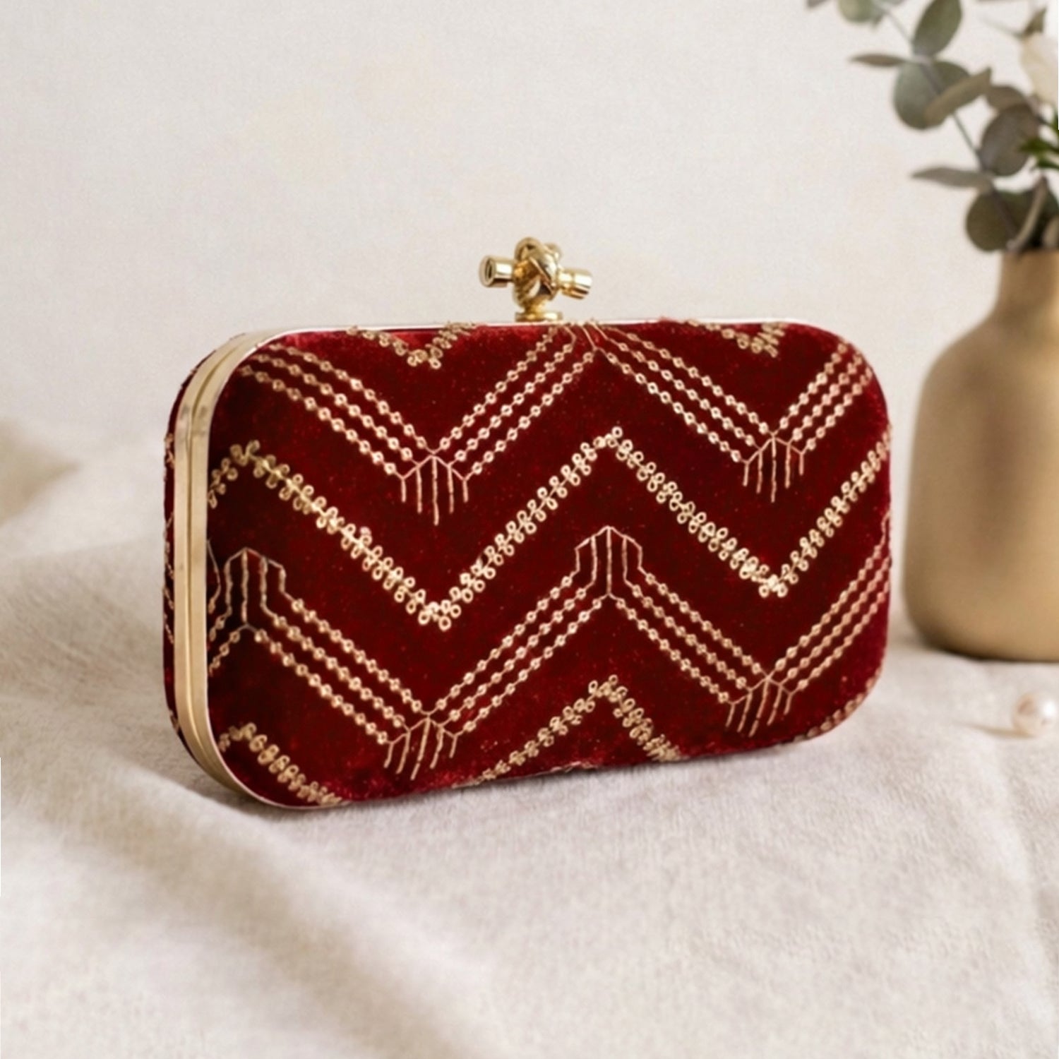 Artklim Royal Red Velvet Embroidered Clutch