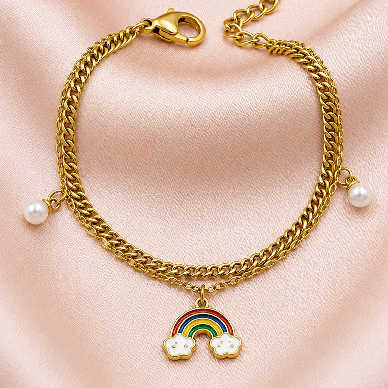 Artklim Rainbow Pearl Layered Gold Charm Anti-Tarnish Bracelet