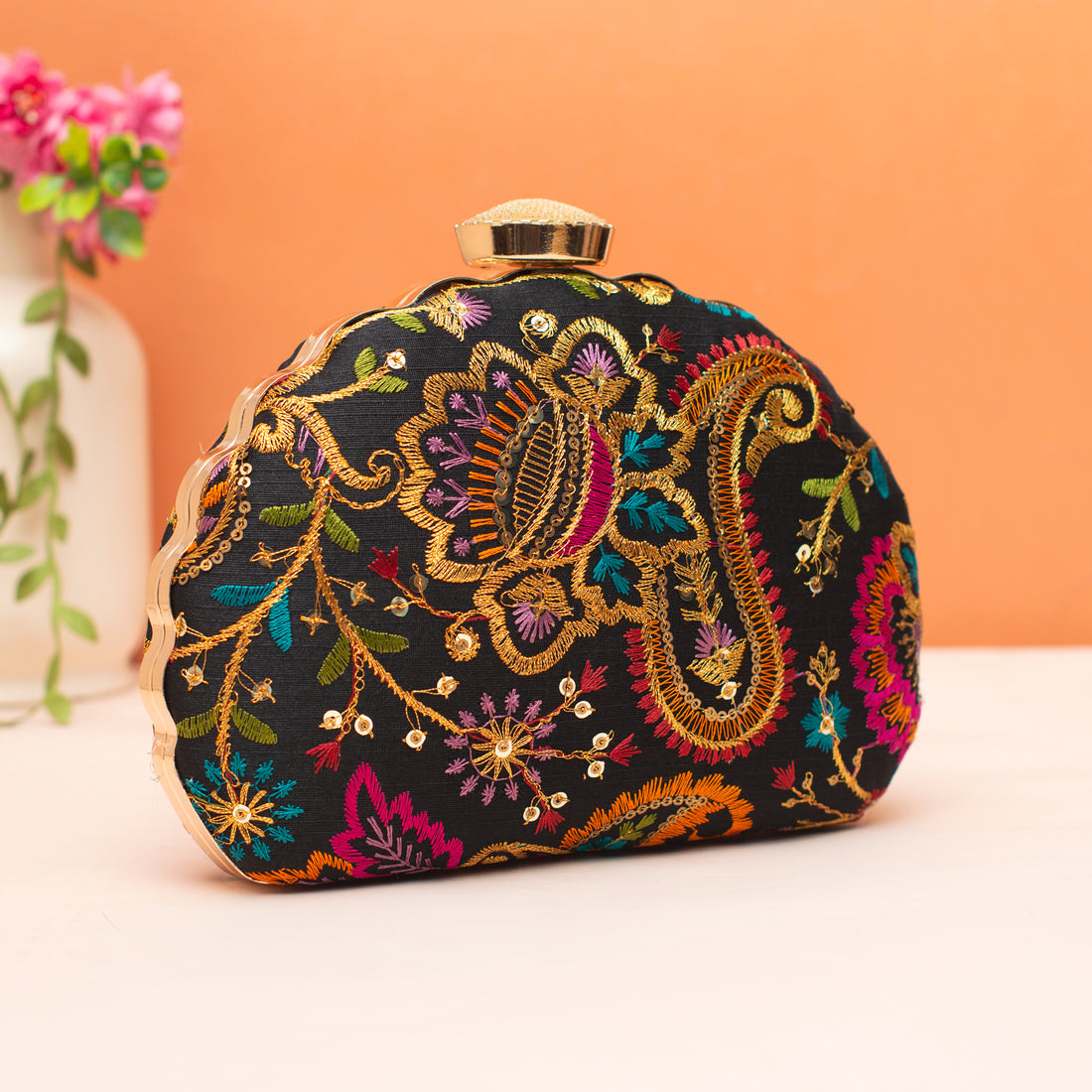 Artklim Royal Black Sequins Embroidery D- Shape Clutch"