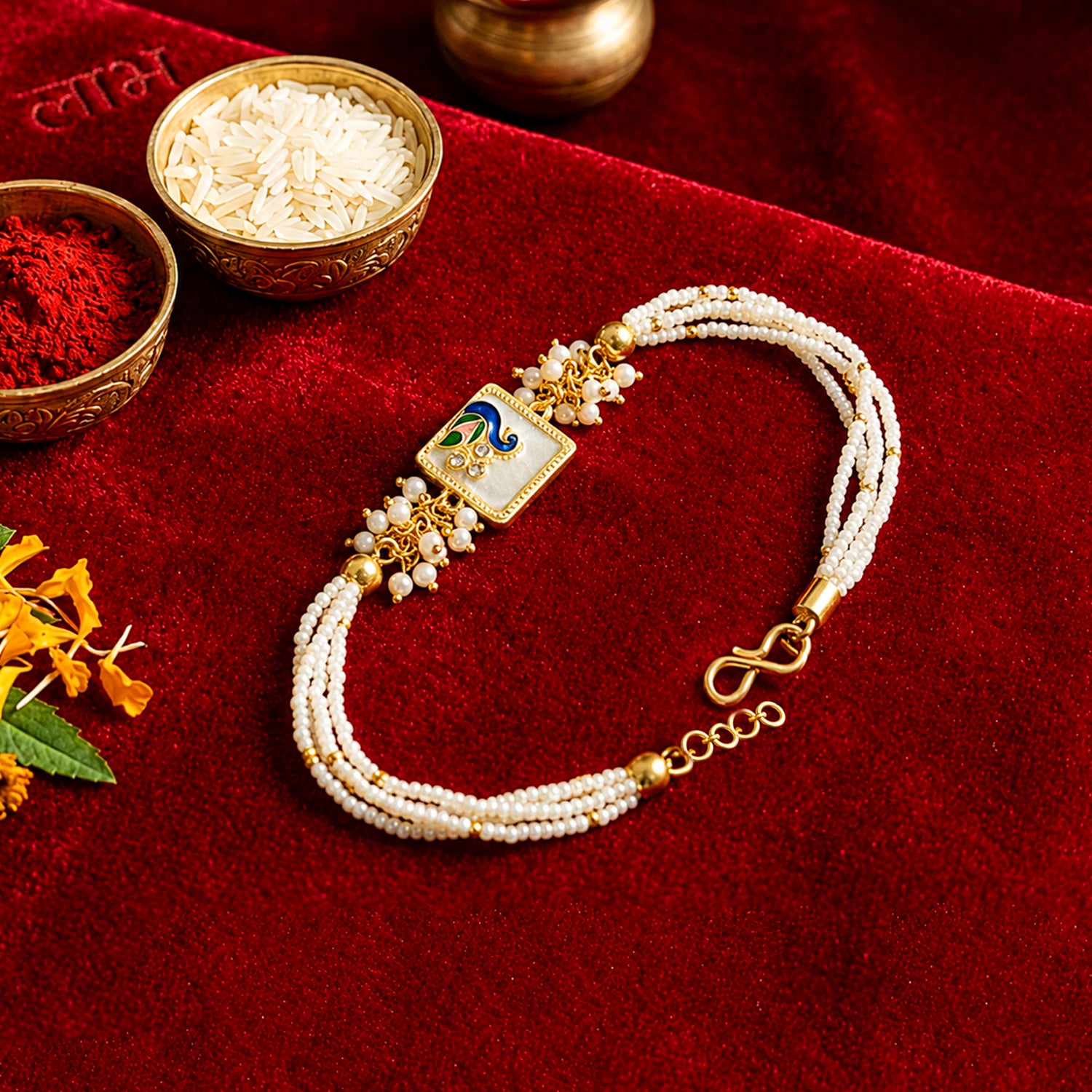 Artklim Royal Peacock Bhaiya Bhabhi Rakhi Set with Pearl Clusters