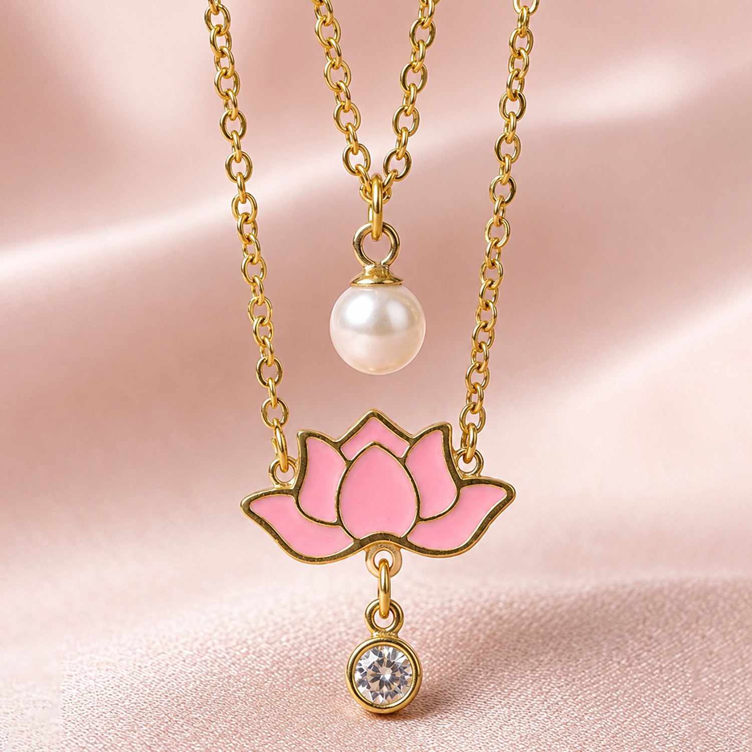 Artklim Pink Lotus & Pearl Layered Anti-Tarnish Pendant Necklace
