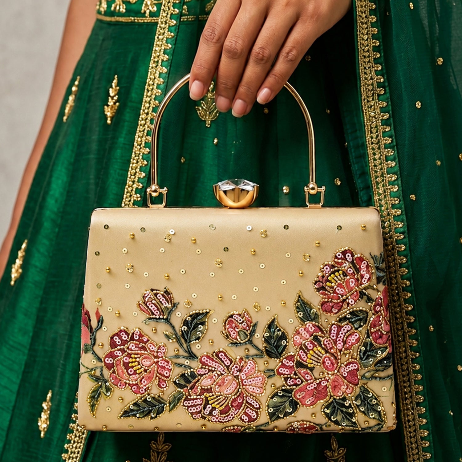 Artklim Gold Floral Embellished Luxury Clutch Bag
