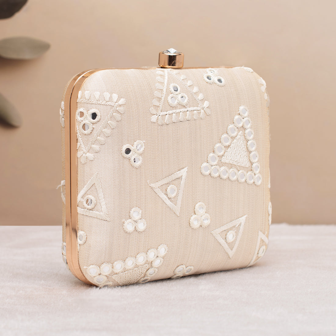 Artklim Beige With Mirror & Triangle Embroidery Clutch