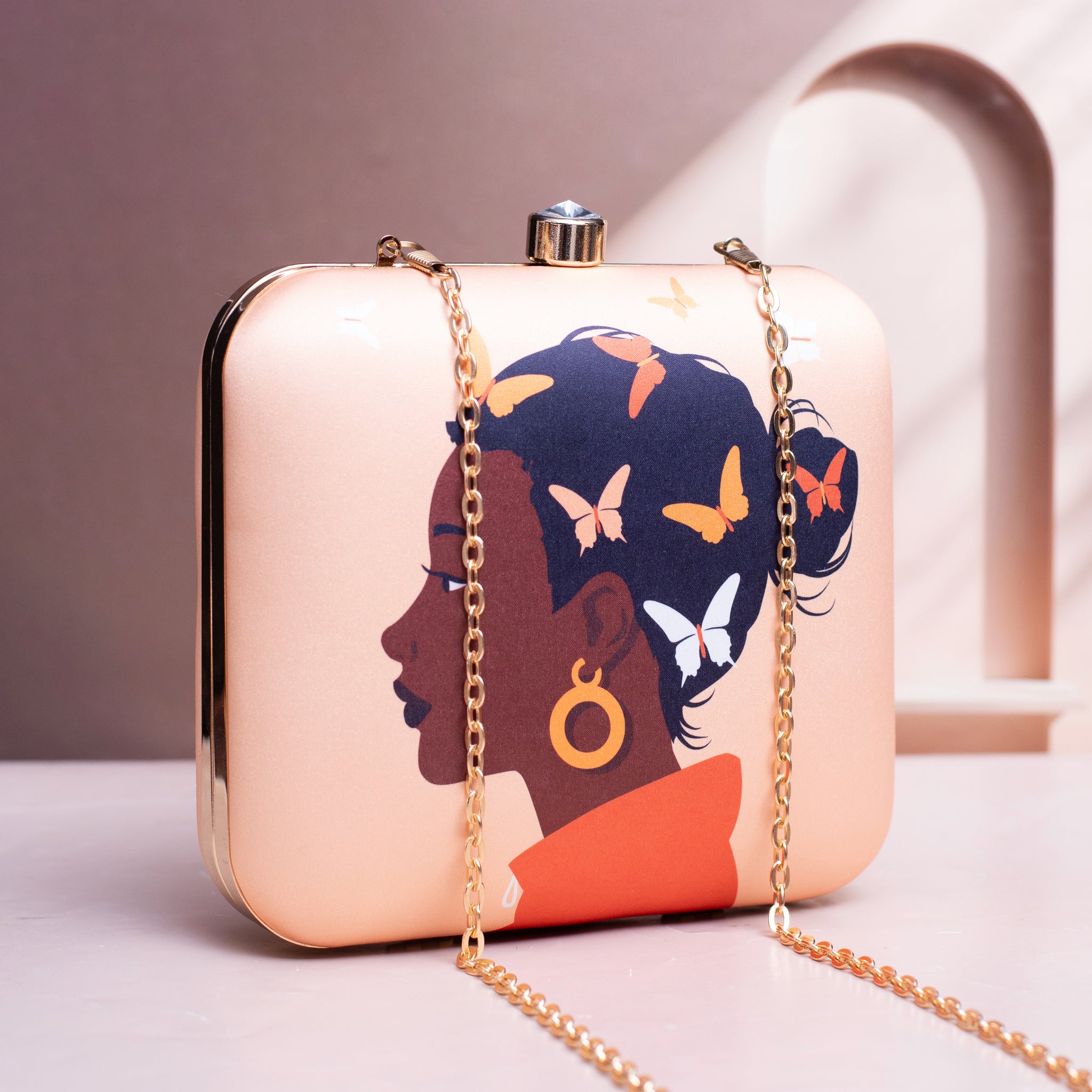 Beautifull Brown Girl with Pastel Butterfly Printed Clutch