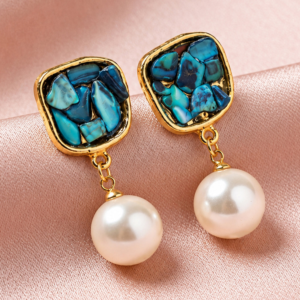 Artklim Elegant Blue Stone Pearl Gold-Tone Anti-Tarnish Earring
