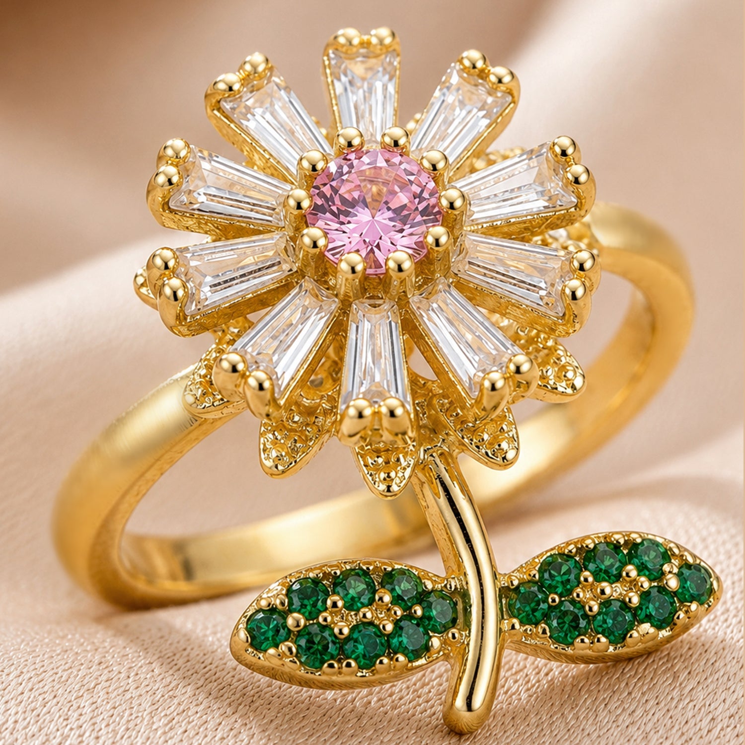 Artklim Pink Daisy Revolving Flower Crystal Adjustable Anti-Tarnish Copper Ring