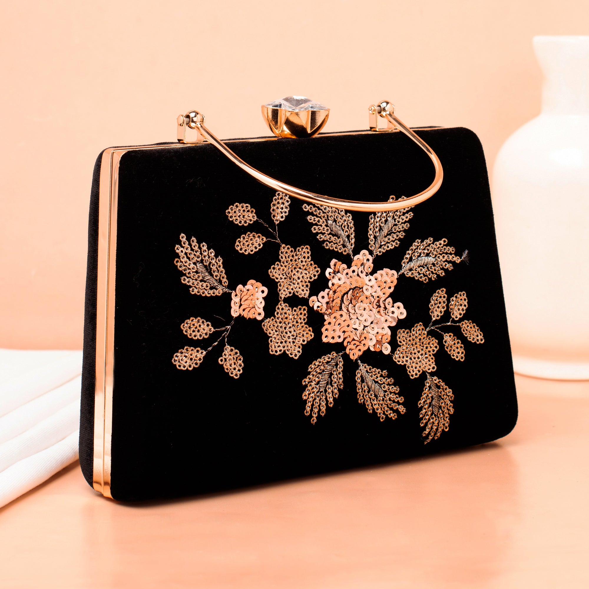 Artklim Black Based Floral Sequins Embroidery Ethnic Clutch