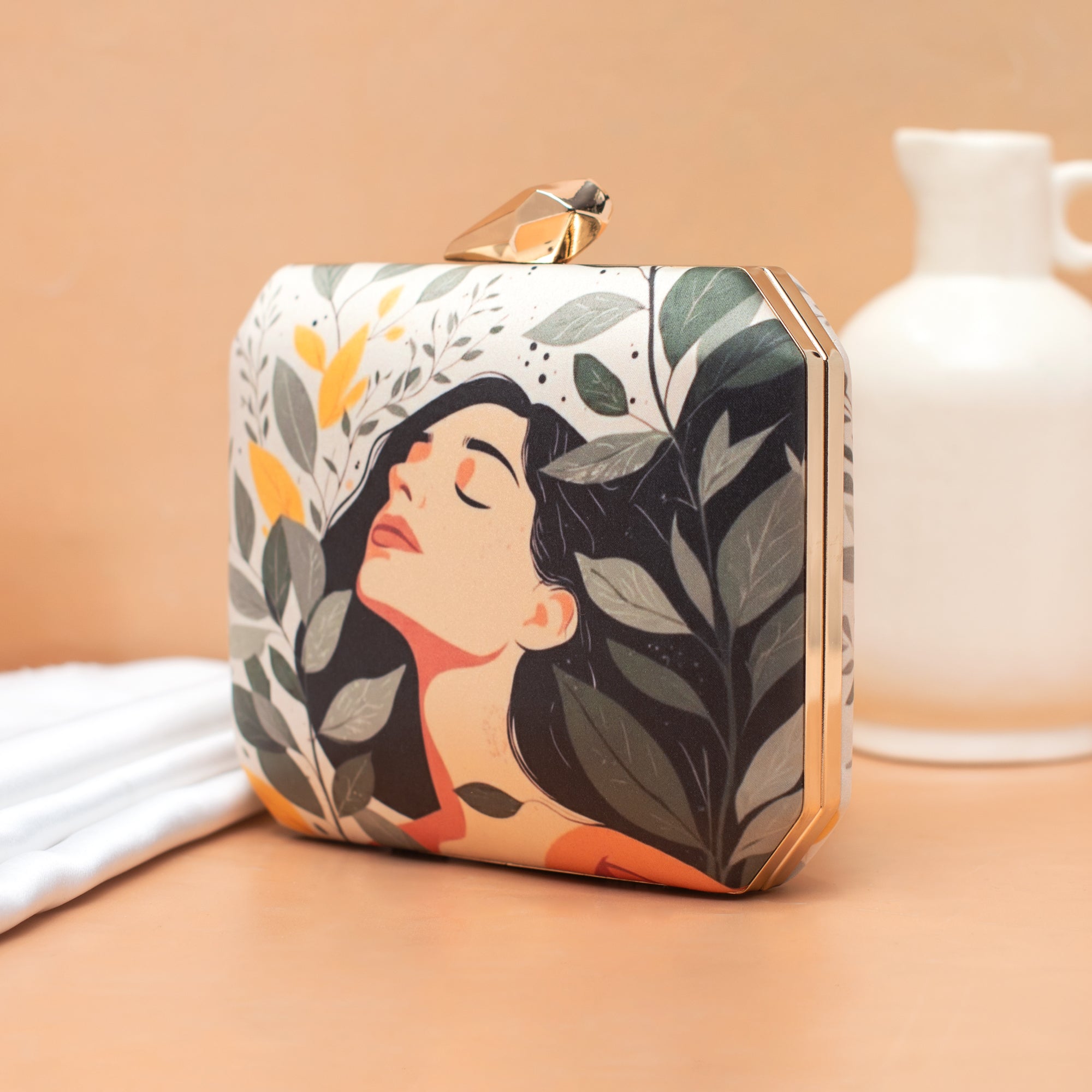 Artklim Leaf Serenity Woman Portrait Printed Clutch