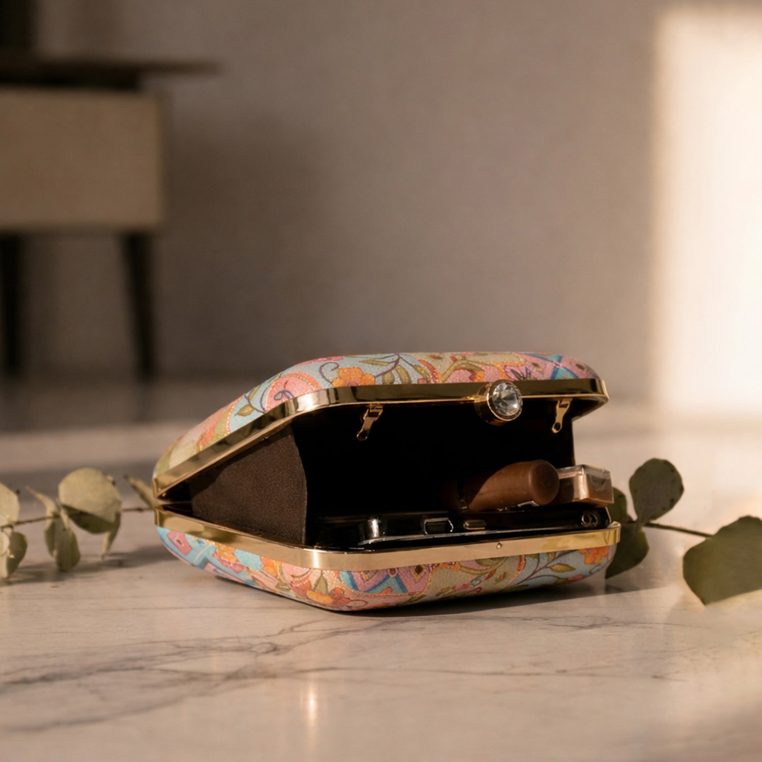 Artklim Women’s Blue Ethnic Patchwork Floral Box Embroidred Clutch