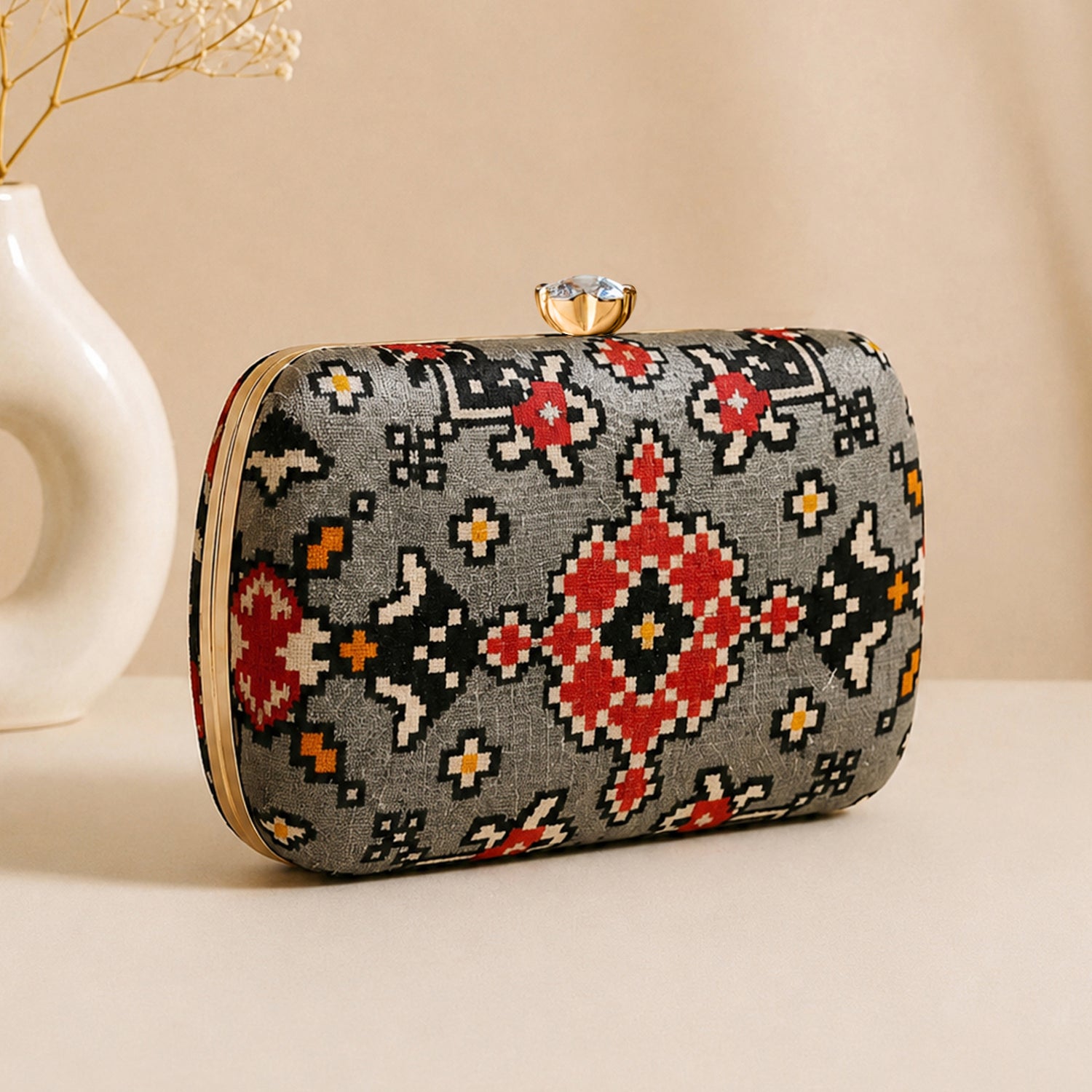 Artklim Grey Red Ethnic Geometric Floral Pattern Printed Clutch