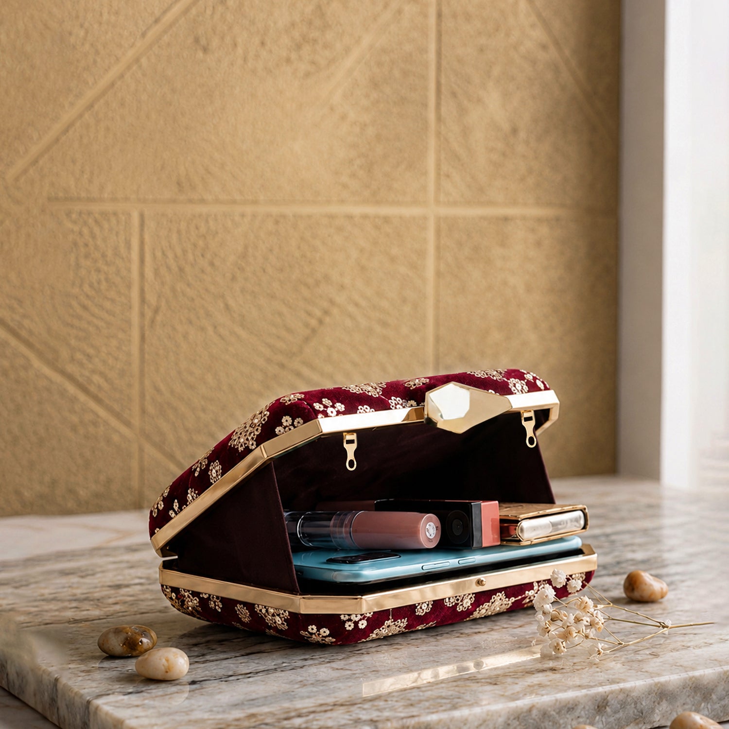 Artklim Maroon Velvet Gold Floral Designer Embroidery Clutch