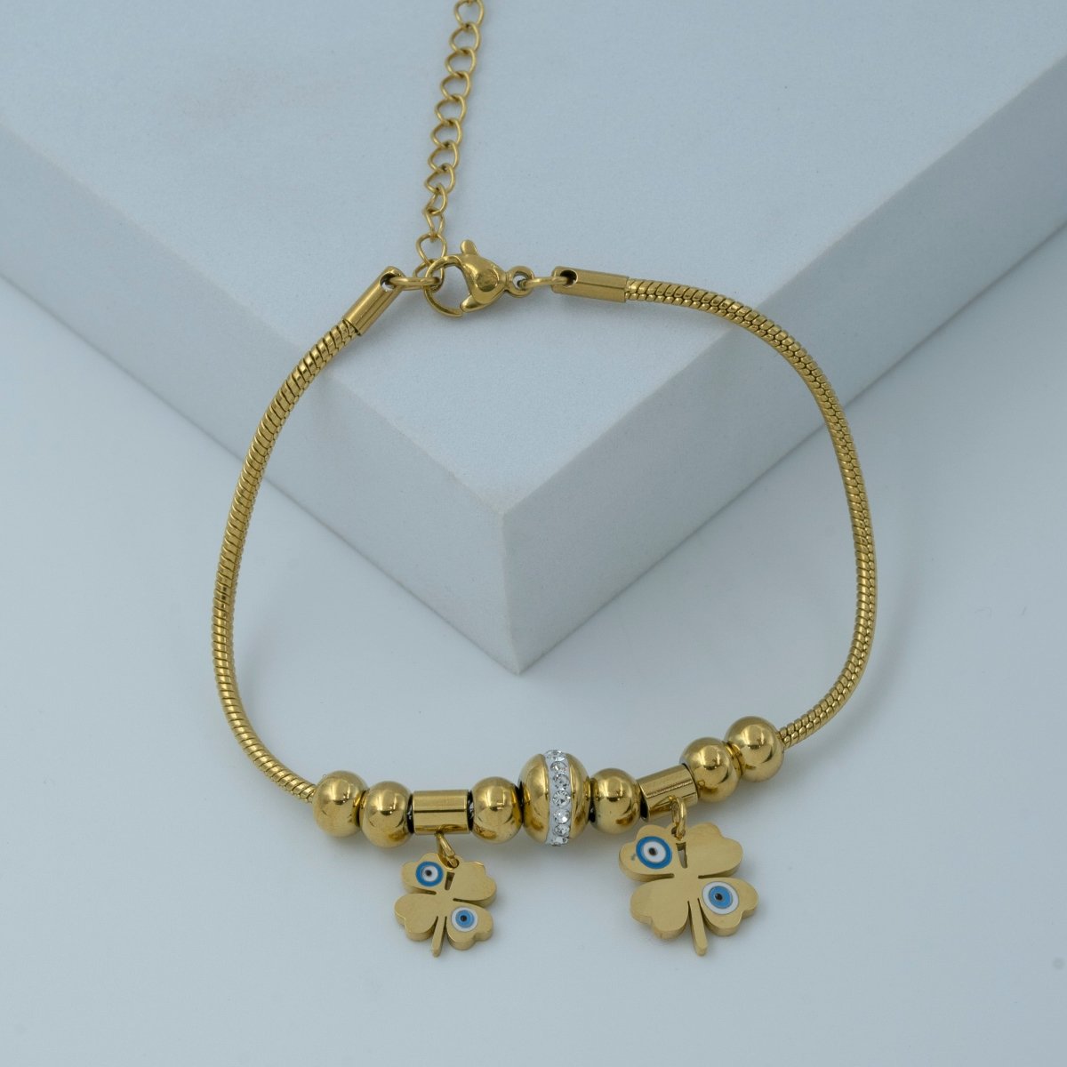 Artklim Gold Plated Evil Eye On Clover Leaves Charms Bracelet