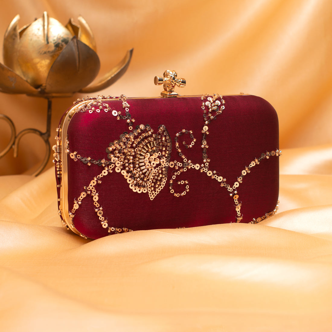 Artklim Royal Maroon Velvet Blossom Clutch