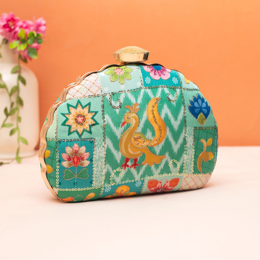 Artklim Peacock Sequins Embroidery D-Shape Clutch