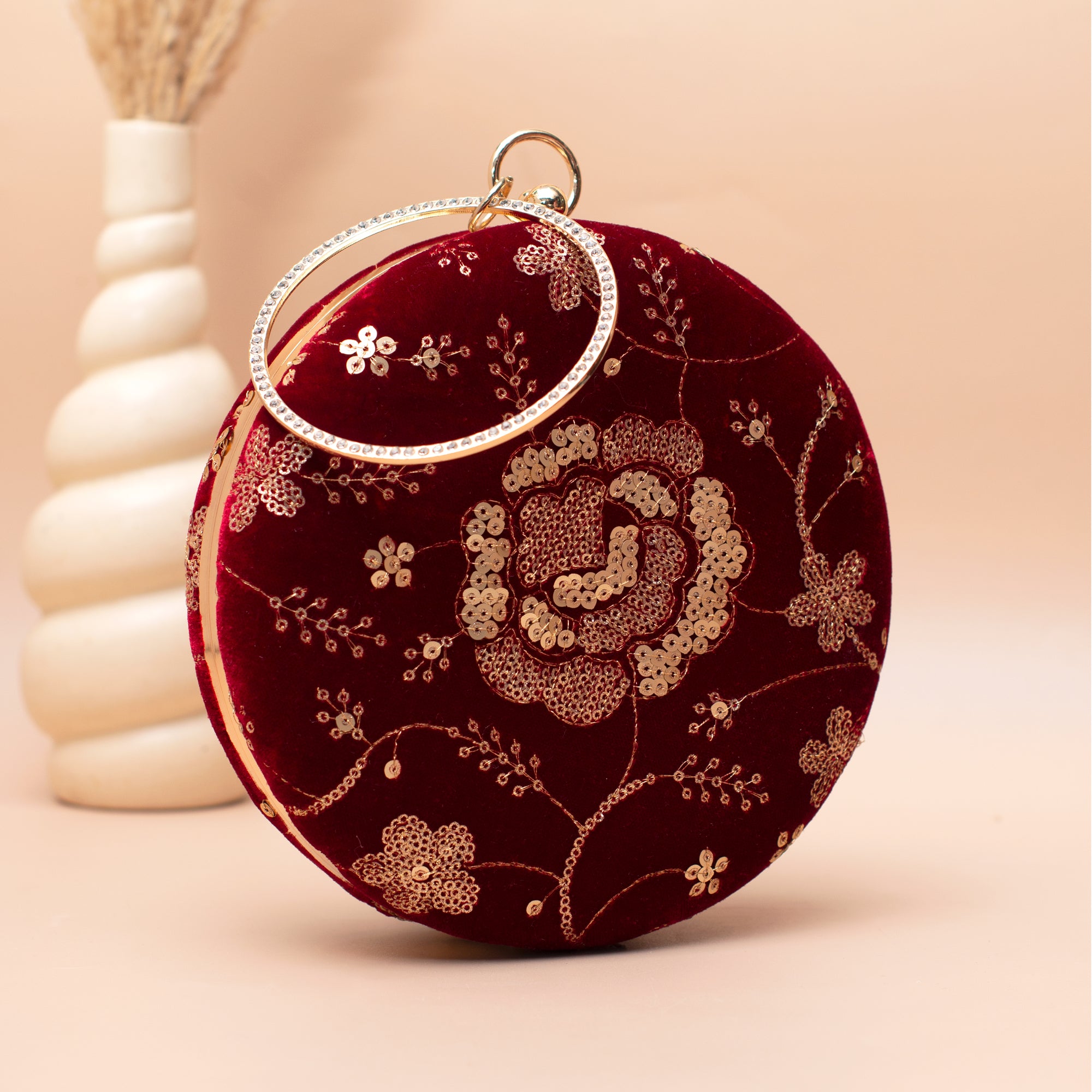 Artklim Wine Red Floral Sequin Embriodery Clutch